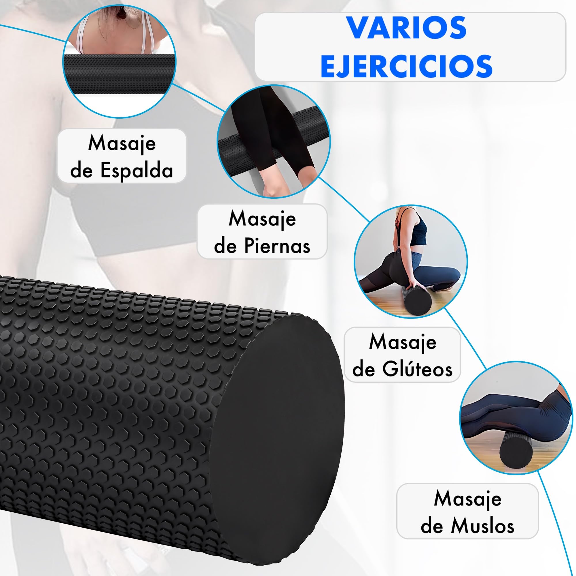 Rodillo de Espuma De Alta Densidad para Masaje Muscular y Estiramientos | Foam Roller para Yoga Pilates Rehabilitación y Fitness |Alivio Miofascial l Espalda y Piernas | Varias medidas l Negro