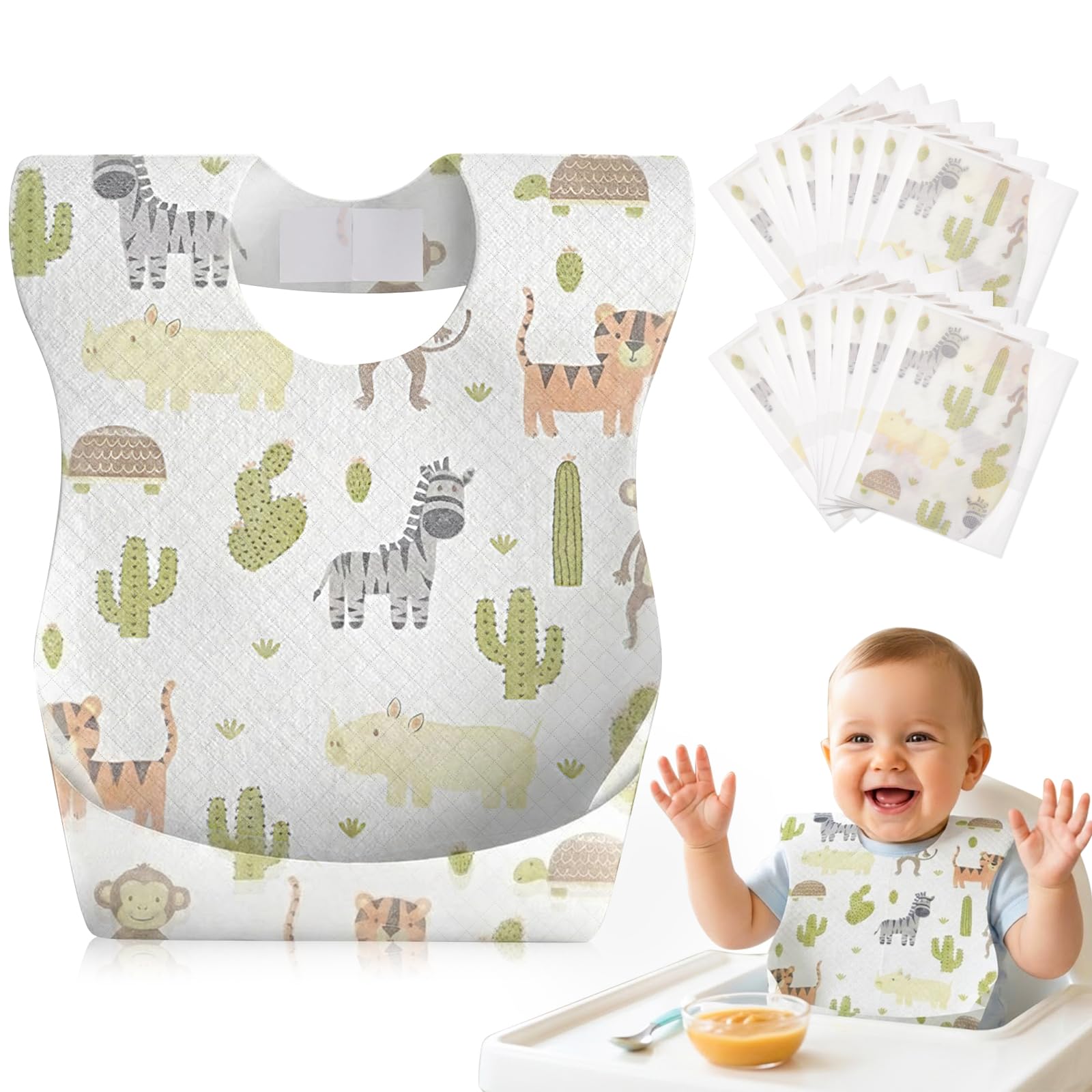 Lictin Disposable Bibs Baby - 50 pcs Individually Wrapped, Baby Weaning Bib with Food Catcher Pocket, Soft, Waterproof, Convenient, Adjustable, for BLW,for Indoor and Outdoor Traveling