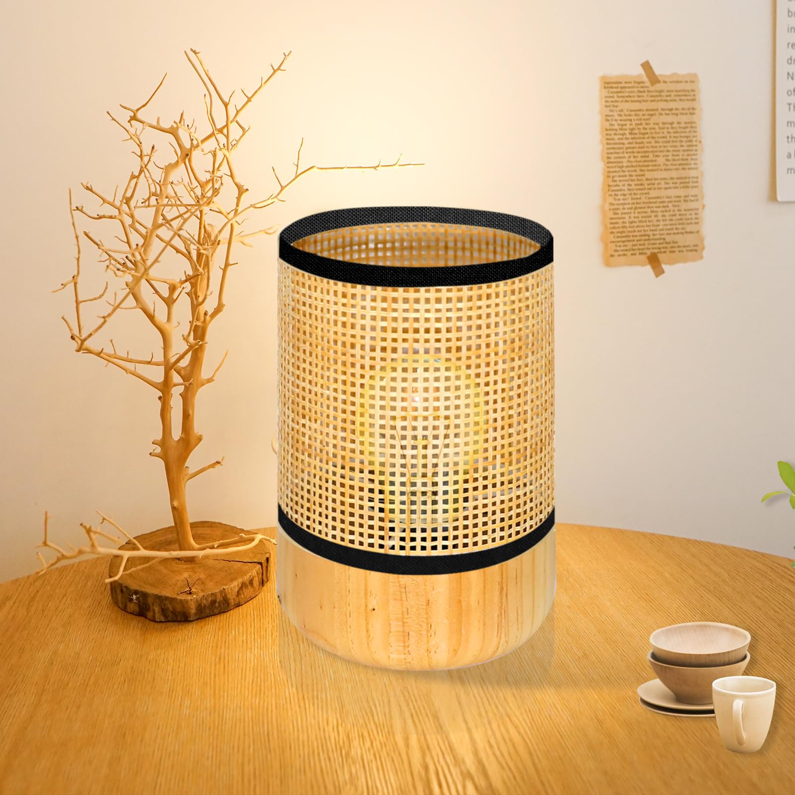 Bamboo Weaving Table Lamp with Handmade Natural Wooden Base, Retro Desk Lamp Reading Light Home Decor for Kids Room,Living Room,Bedroom,Dorm Decor