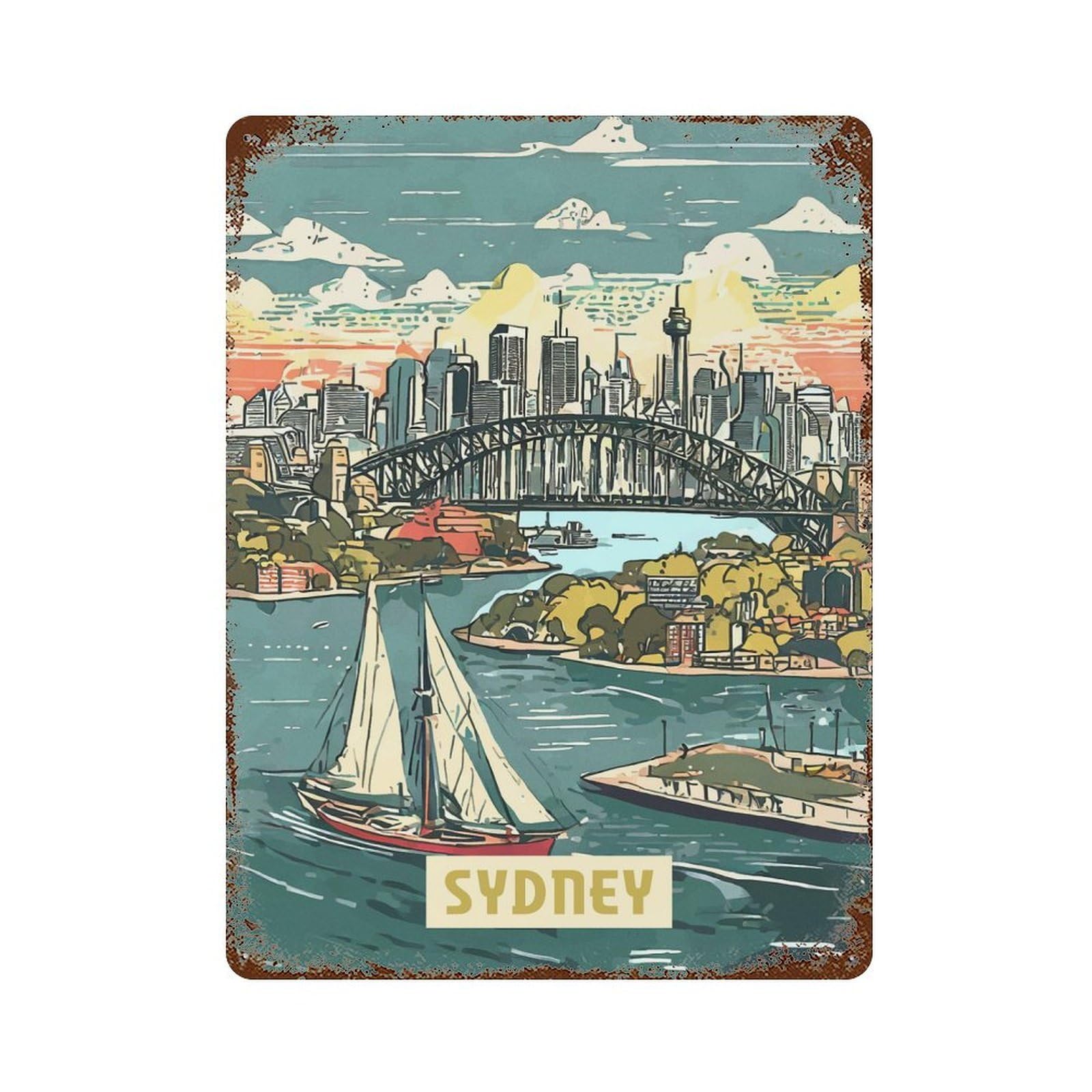 Vintage Rust Metal Sign Sydney 15.7"x11.8", Novelty Wall Decor for Garage, Bar And Workshop Decor
