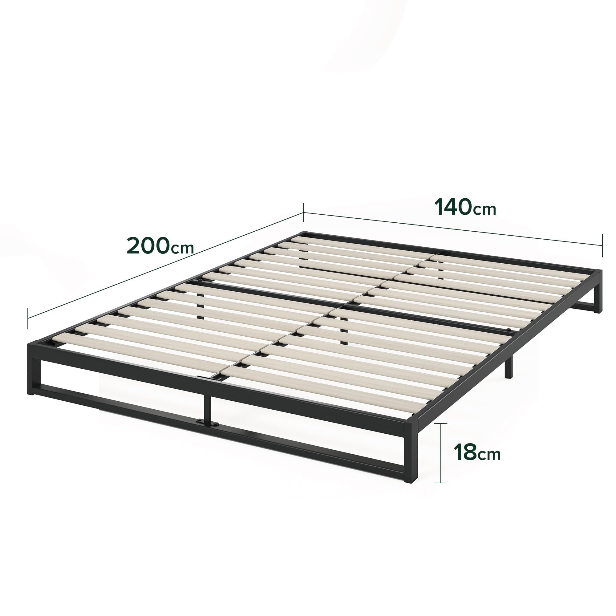 Zinus Trisha Bettgestell 140x200 cm - 18 cm Niedrige Bauweise - Metallbett 140x200 mit Lattenrost aus Holz - Umweltfreundliche Verpackung & Einfache Montage - Schwarz