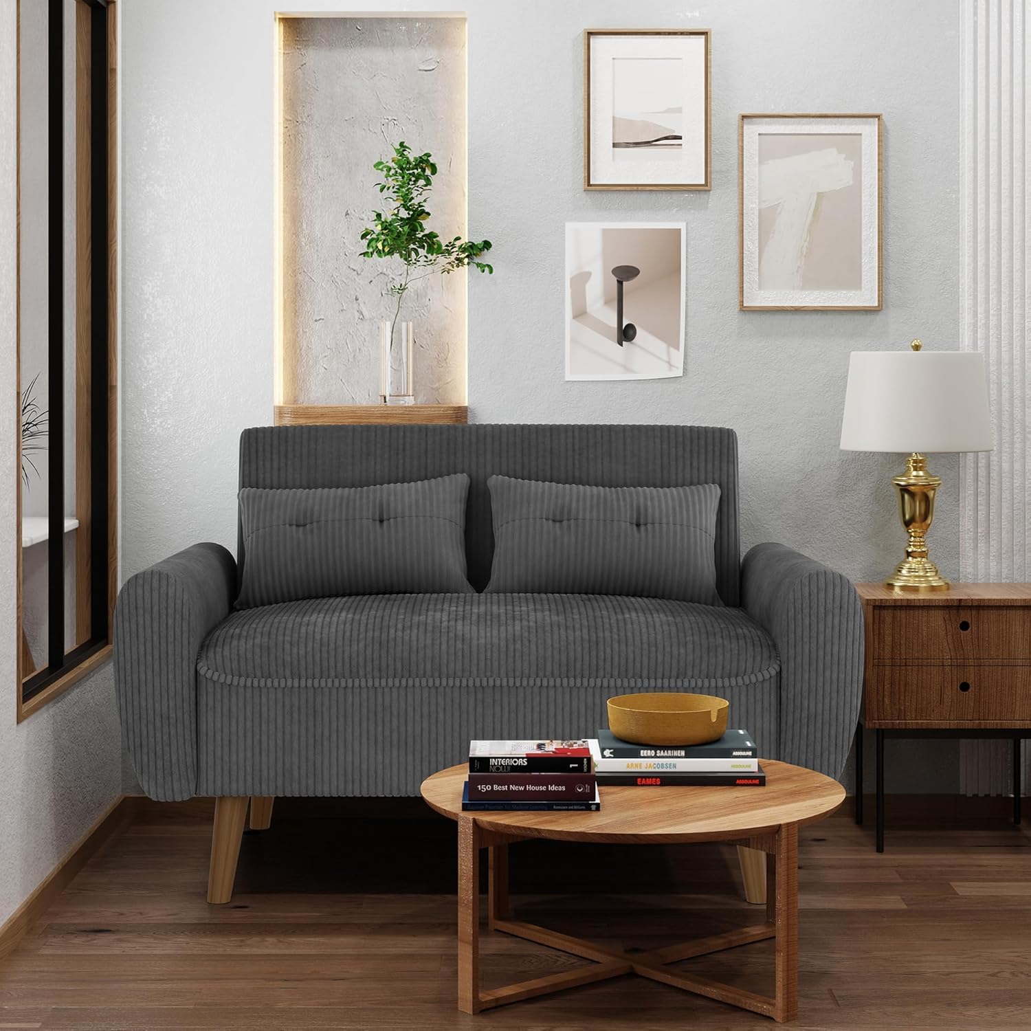 Shintenchi 48'' Loveseat Sofa, Mid-Century Modern Upholstered Couch Deep Seat with 2 Pillows, 10" Thick Cushion with Spring, Solid Wood Frame Small Couch for Living Room, Dorms & Office, Dark Grey