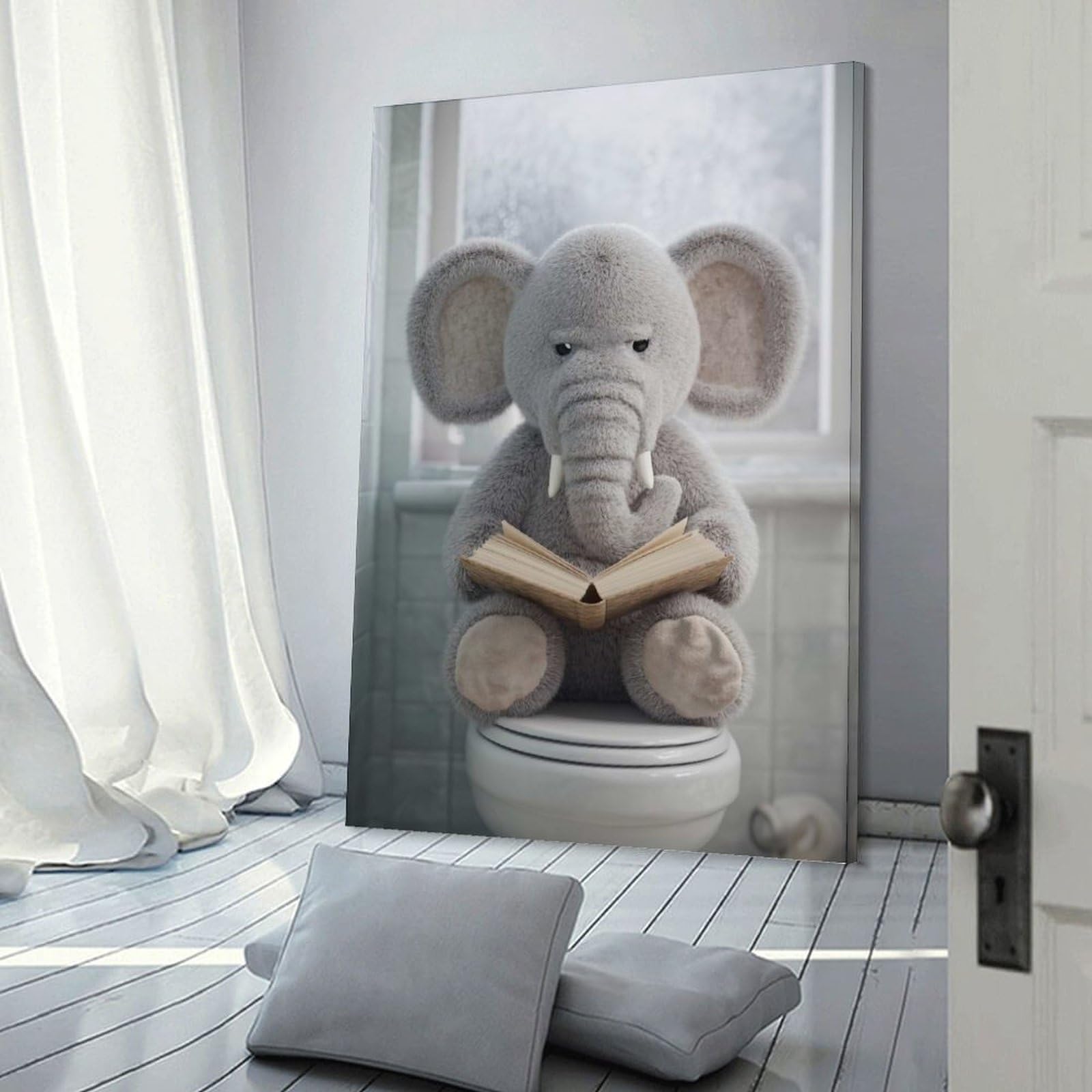 Junmoney Frame-Style-7 Plush Elephant Reading On Toilet Canvas Wall Decor, 20X30inch(50X75cm), For Apartment Walls, Studios Or Work Areas, Decorative Canvas Decor For Home Updates