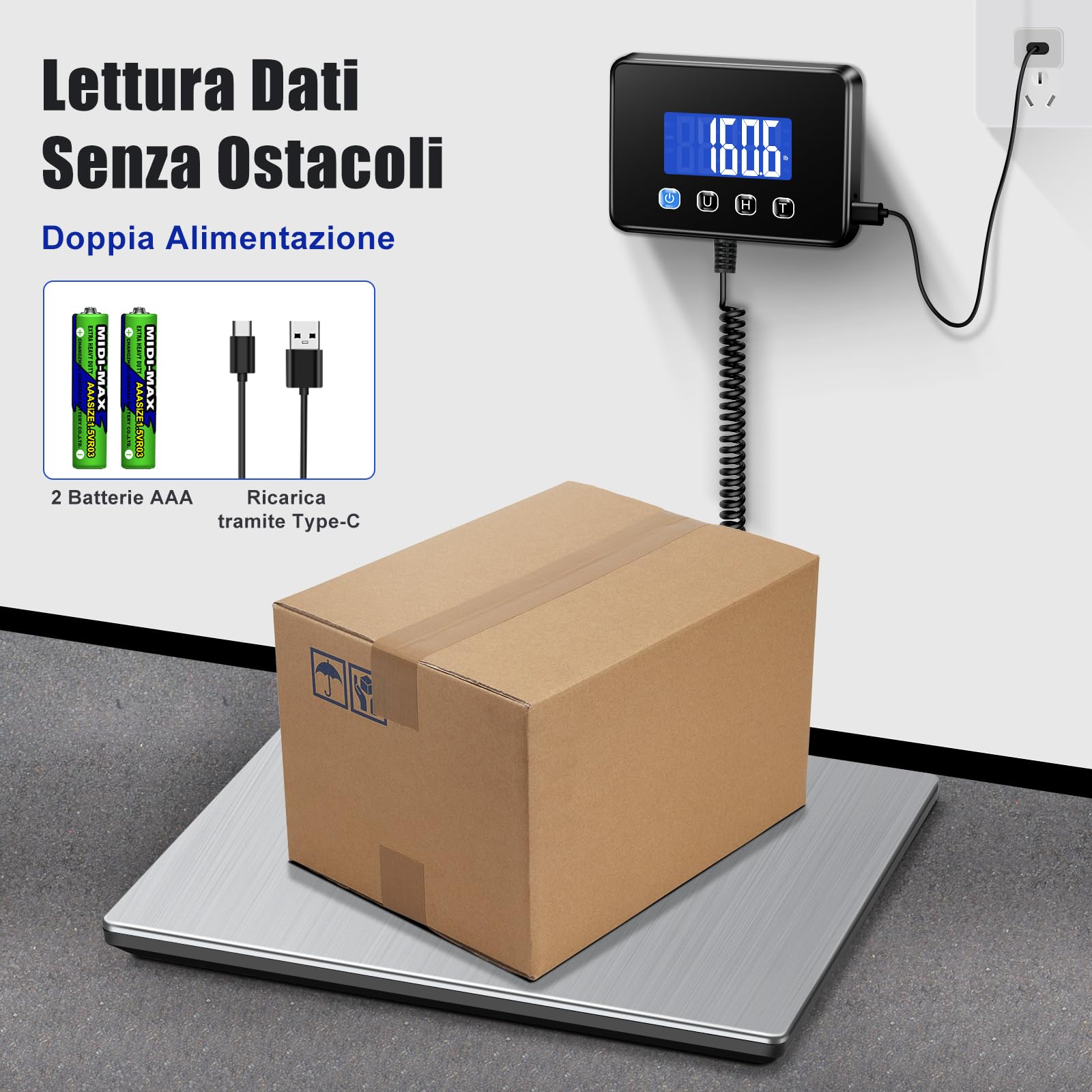 KUAIVO Bilancia Pesa Pacchi 300 kg / 20 g Alta Precisione, Bilancia Professionale con Funzione LCD/Hold/Tara, Bilancia Postale Piattaforma in Acciaio Inossidabile per Pacchi, Magazzino e valigia