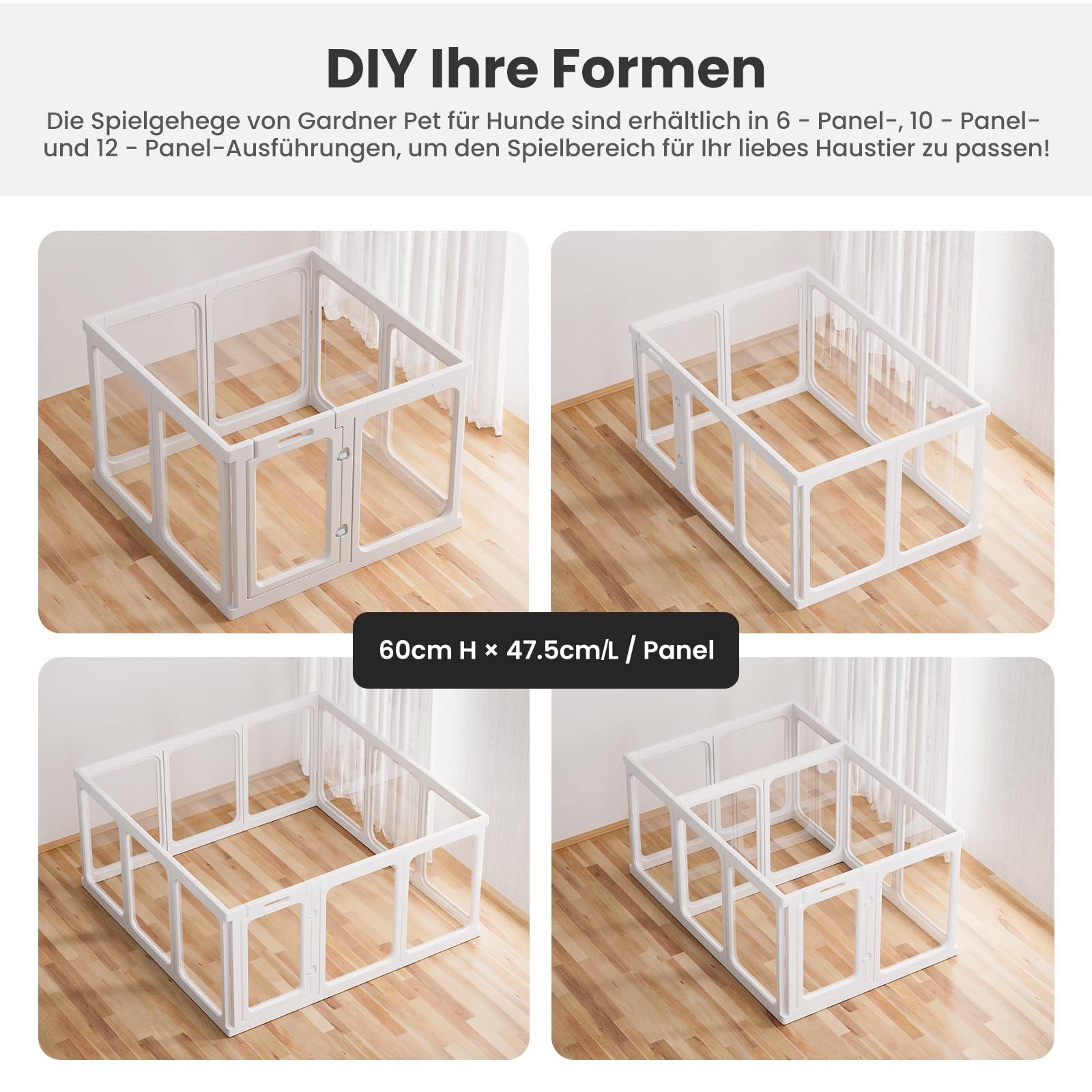 Gardner Pet Acryl Welpenauslauf, 60 cm, 14 PCS +2, Weiß | Mit Tür, Faltbar, Transparent, Mit Saugnäpfen, Für Welpen, Kaninchen, Katzen, Schweine
