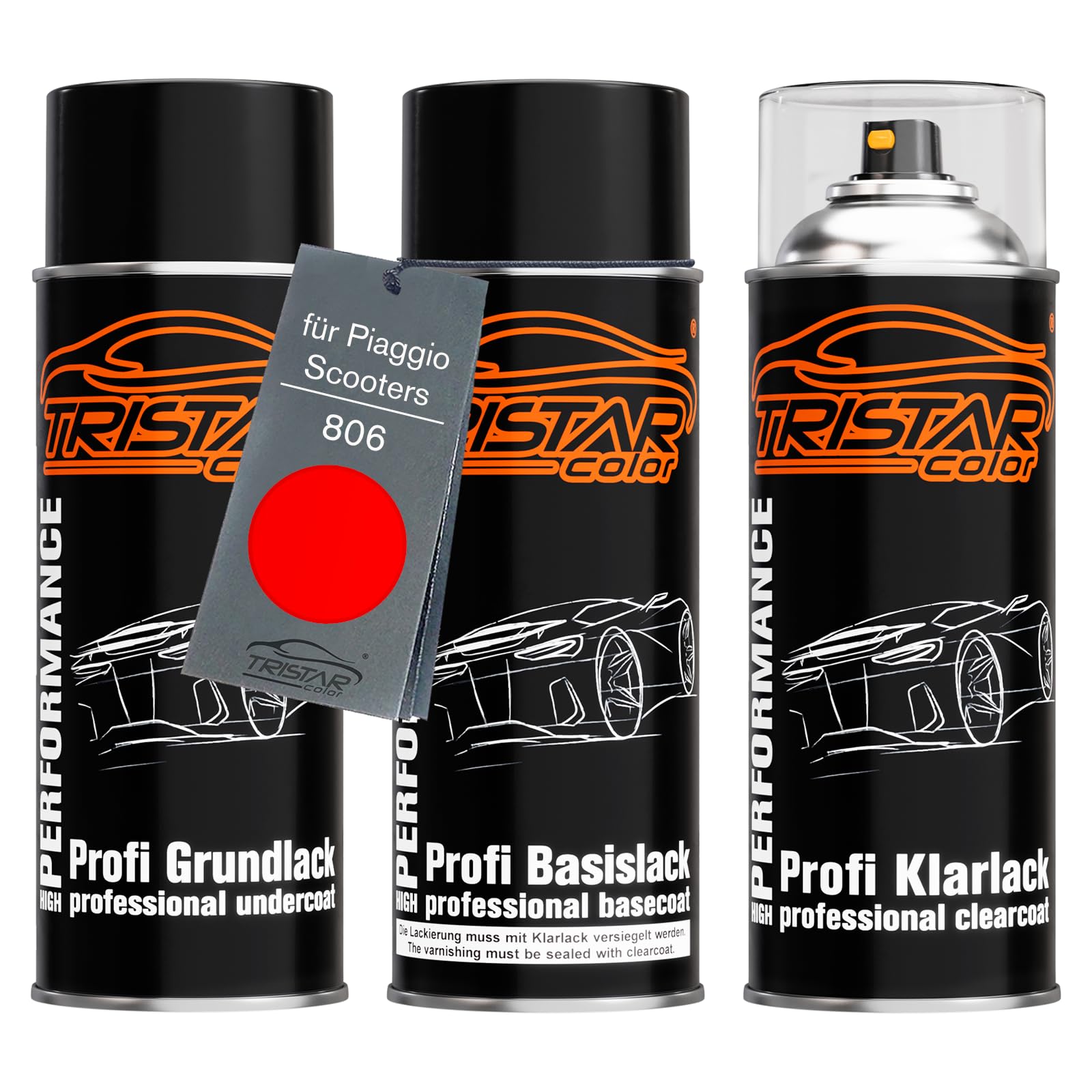 TRISTARcolor Vernice per moto Kit bombolette spray per Piaggio Scooters 806 Rosso Corsa vernice di fondo vernice di base vernice trasparente bomboletta a spruzzo 400ml
