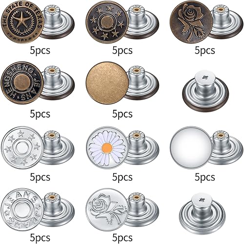 Miniatura 3 de Kit de 50 botones de mezclilla de repuesto, botones de mezclilla de metal de 0.67 pulgadas para pantalones, jeans y tirantes, 10 estilos