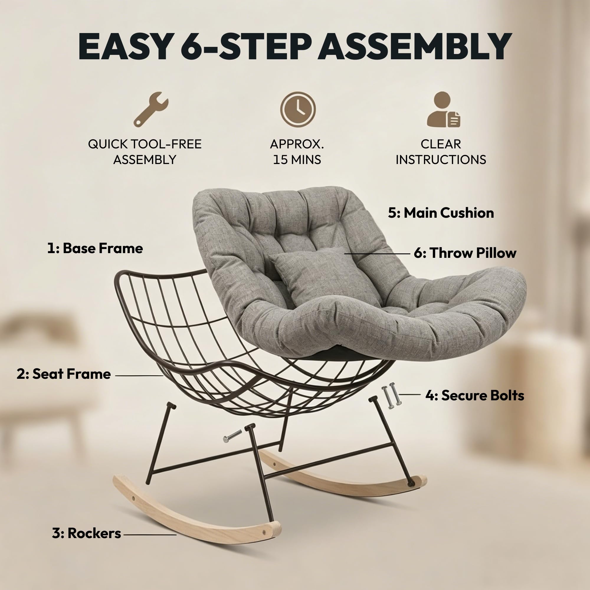 SANODESK Schaukelstuhl Outdoor für Balkon & Garten, gemütlicher Relaxsessel mit sanfter Schaukelbewegung, Loungesessel mit Kissen, bis 159 KG belastbar (Hellbraun)