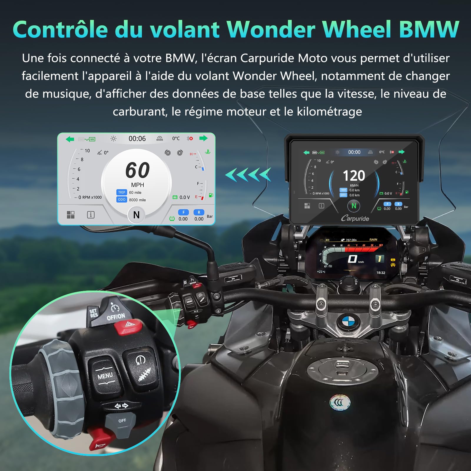 CARPURIDE W502BS Pro pour Moto BMW, CarPlay et Android Auto, Double Bluetooth, écran de Navigation étanche de 5 Pouces, Lecture de Données, Native Wonder, TPMS, Capteur de Lumière, Partage de Musique