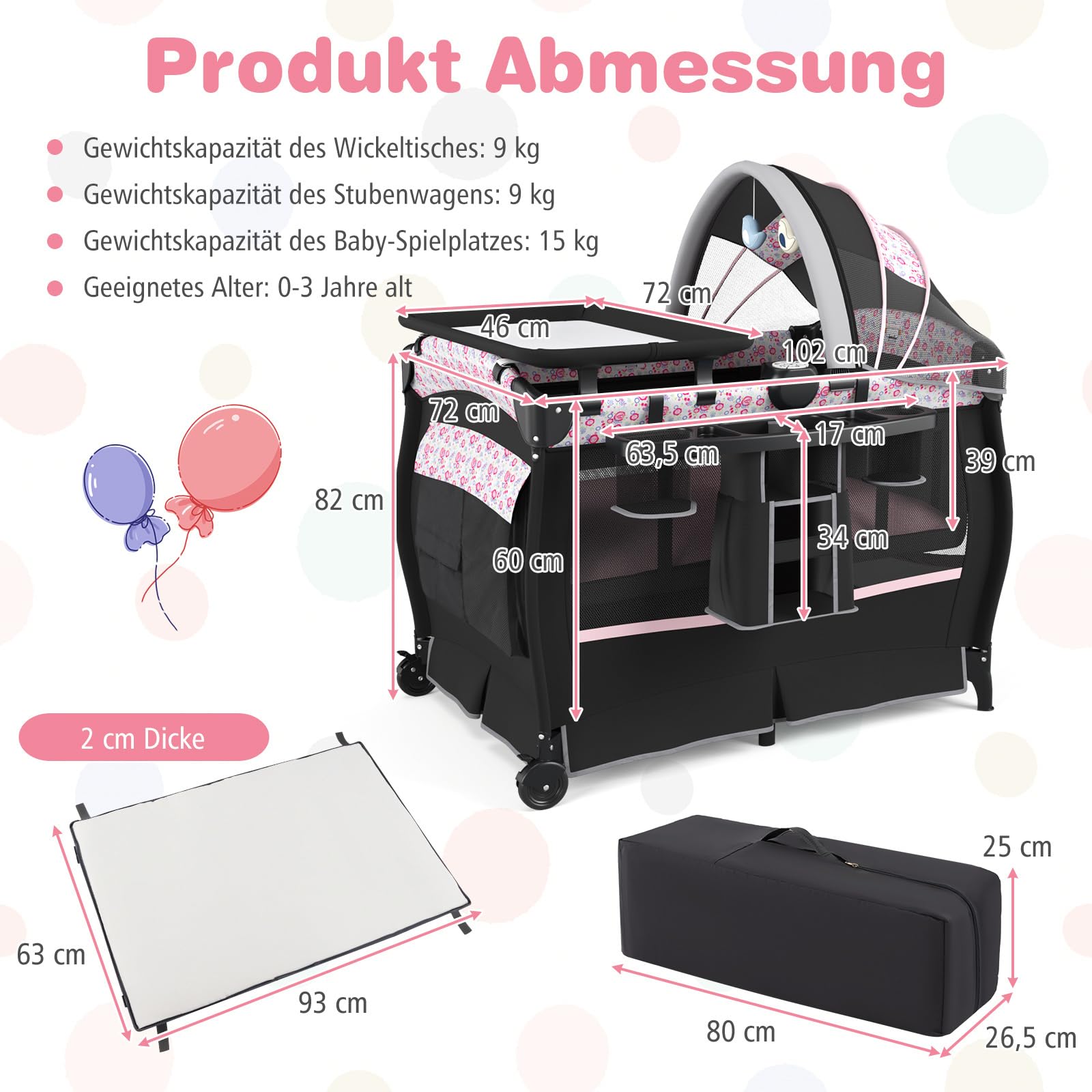 COSTWAY 5 in 1 Reisebett mit Matratze, Beistellbett klappbar, Babybett bis 15 kg Rosa Blumen