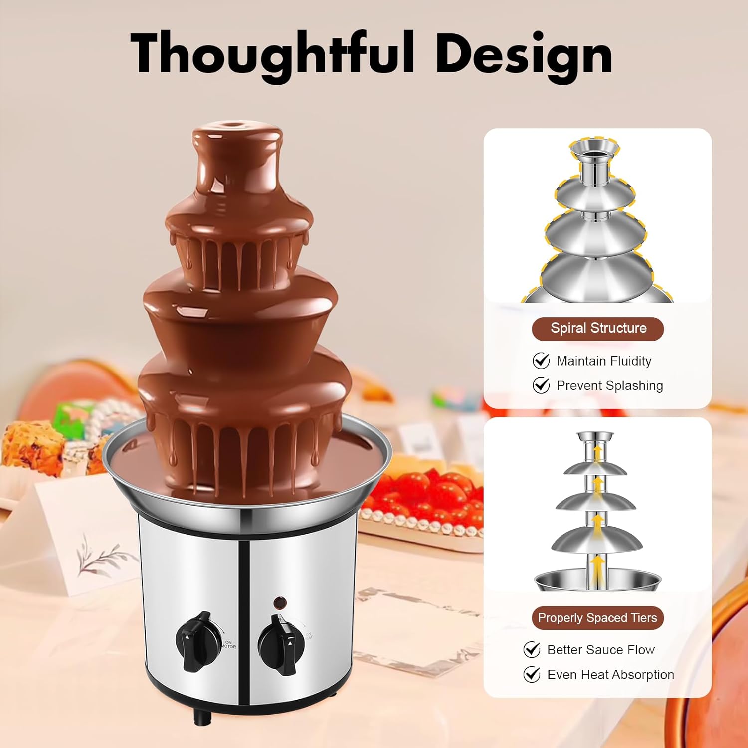 4 Tier Chocolate Fountain Party Fountain, Stainless Steel Electric Chocolate Fondue Fountain Machine for Birthday Party Wedding