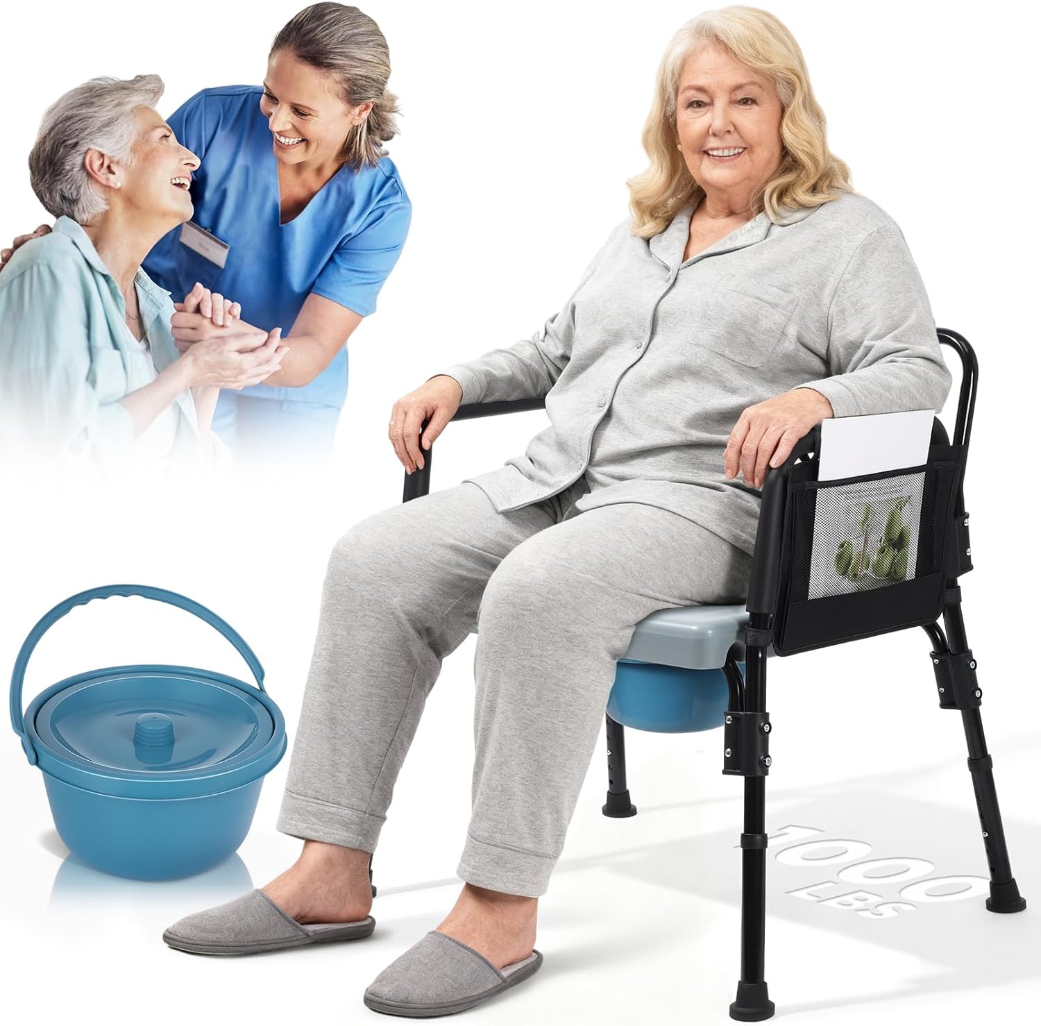 Bariatric Bedside Commode Chair - Heavy Duty 1000 Lbs Capacity - Extra-Wide Seat & Adjustable Height - 3 in 1 Steel Frame Over-the-Toilet Commode for Obese, Elderly & Disabled