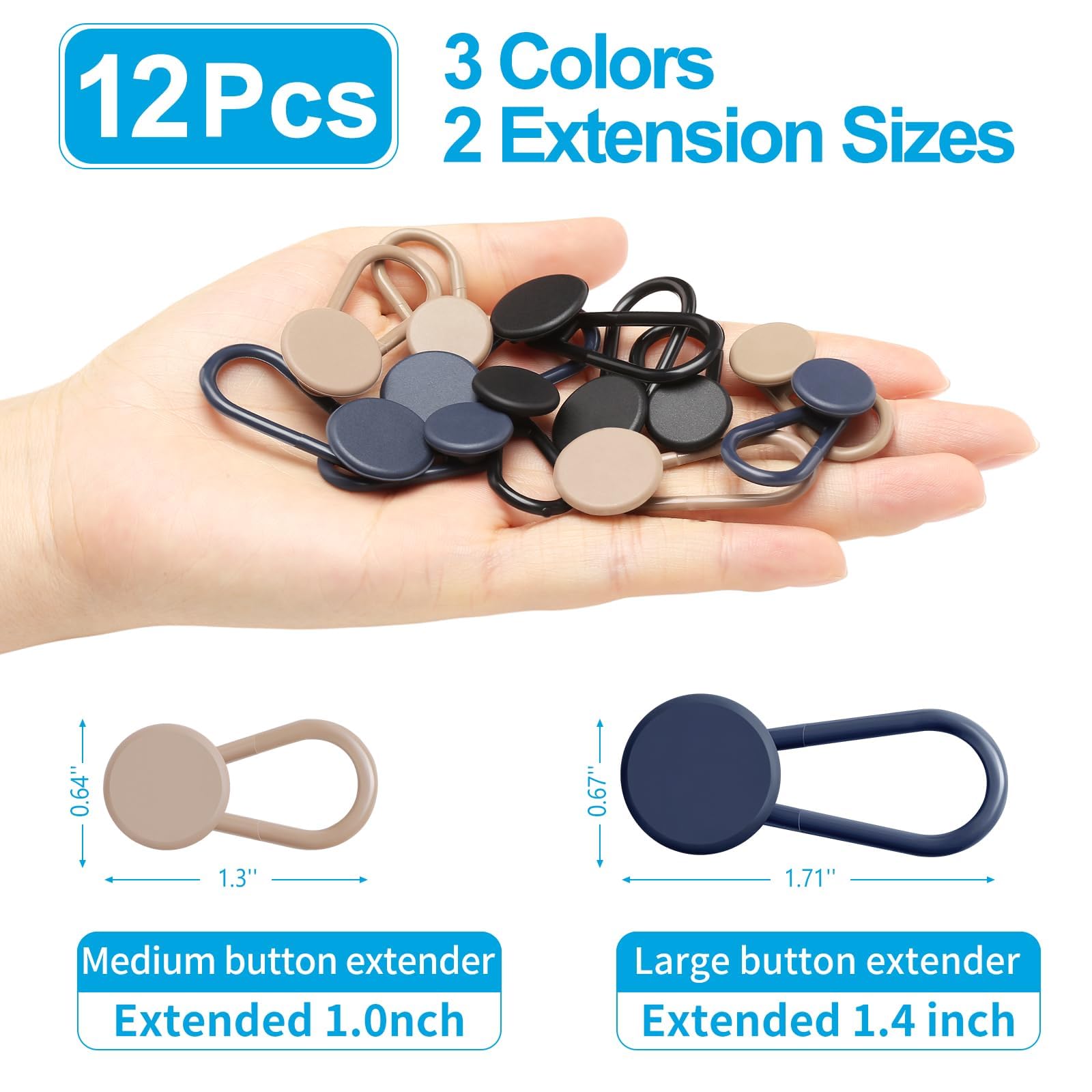 Ceryvop 12 estensori a bottone per jeans, pantaloni, estensori per vita per donne e uomini, senza cuciture, estensione istantanea della cintura da 3,5 a 4,6 cm
