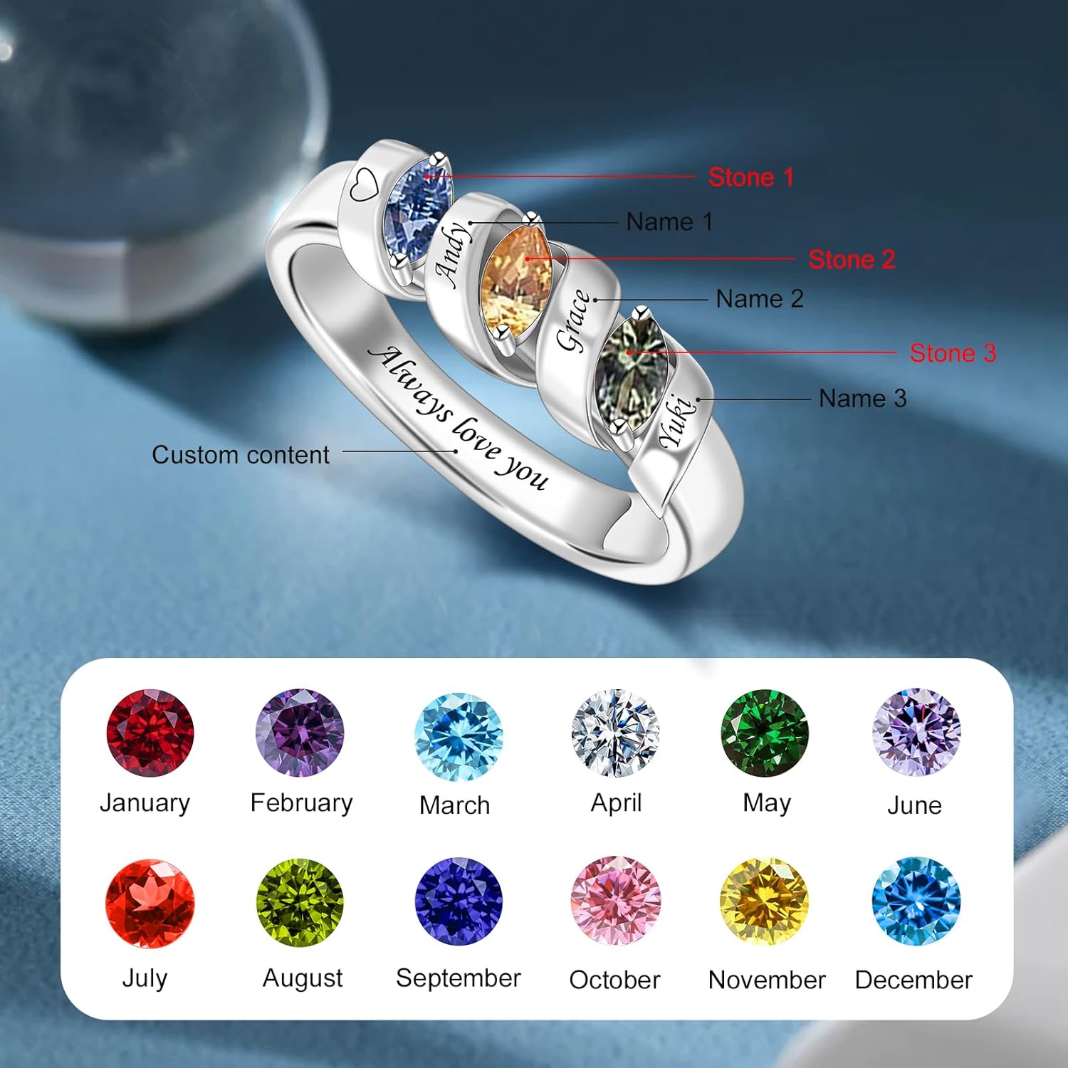 Personalized Gemstone Rings Custom Family Ring Womens Rings with 1-6 Birthstone Engraved Jewelry Gift for Her - Image 4