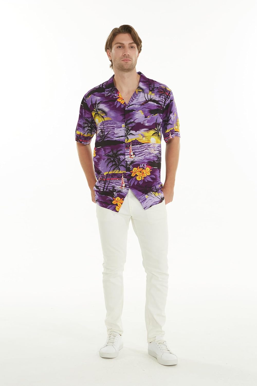Matchable Couple Hawaiian Luau Shirt or Off-Shoulder Ruffle Muumuu Top in Sunset Purple