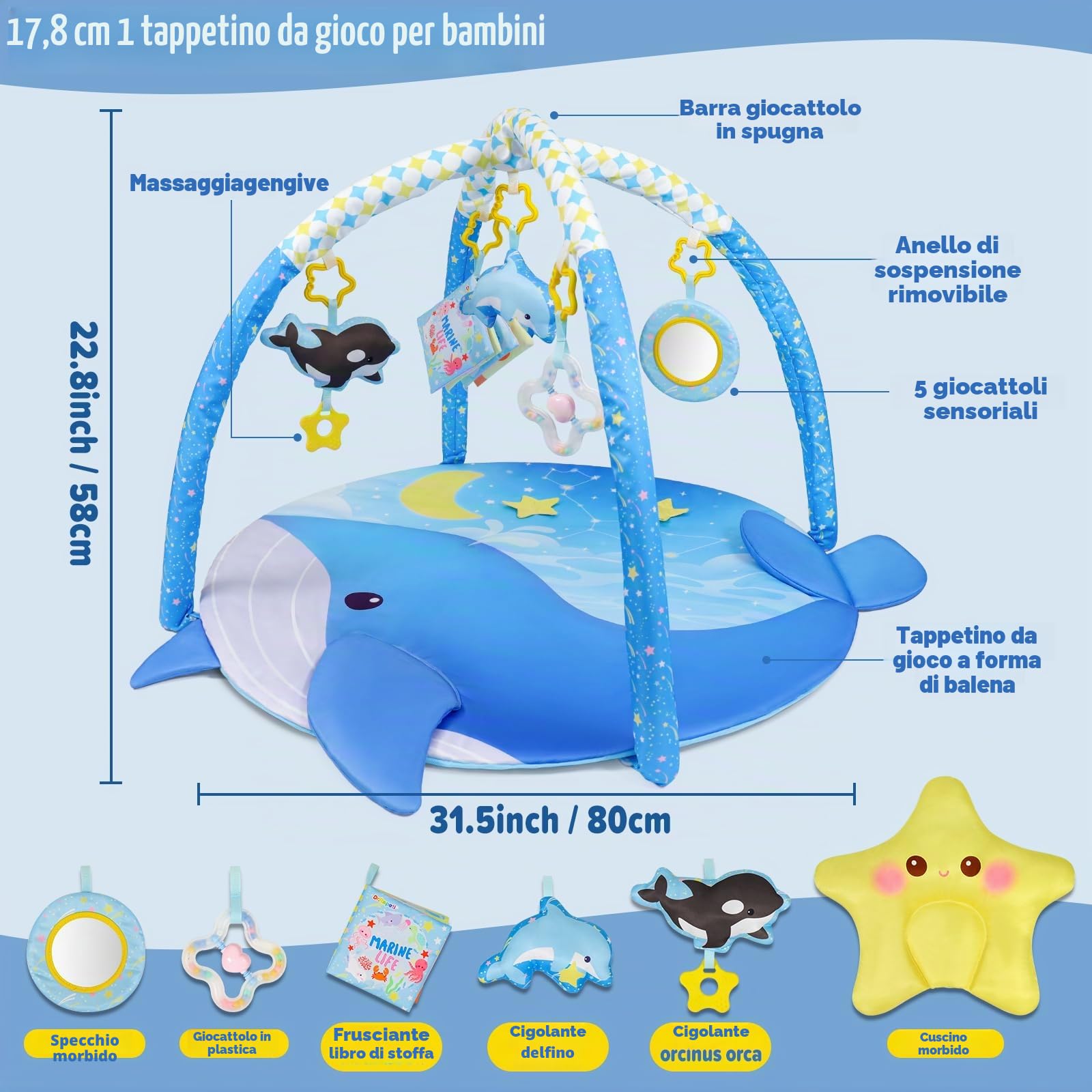 Dr.Rapeti Tappeto da Gioco con Arco, Palestrina Neonato Multifunzione, Palestrina Bambini, Tappeto Gioco Bambino con Arco, Giocattoli Rimovibili, Specchio, Libro di Stoffa