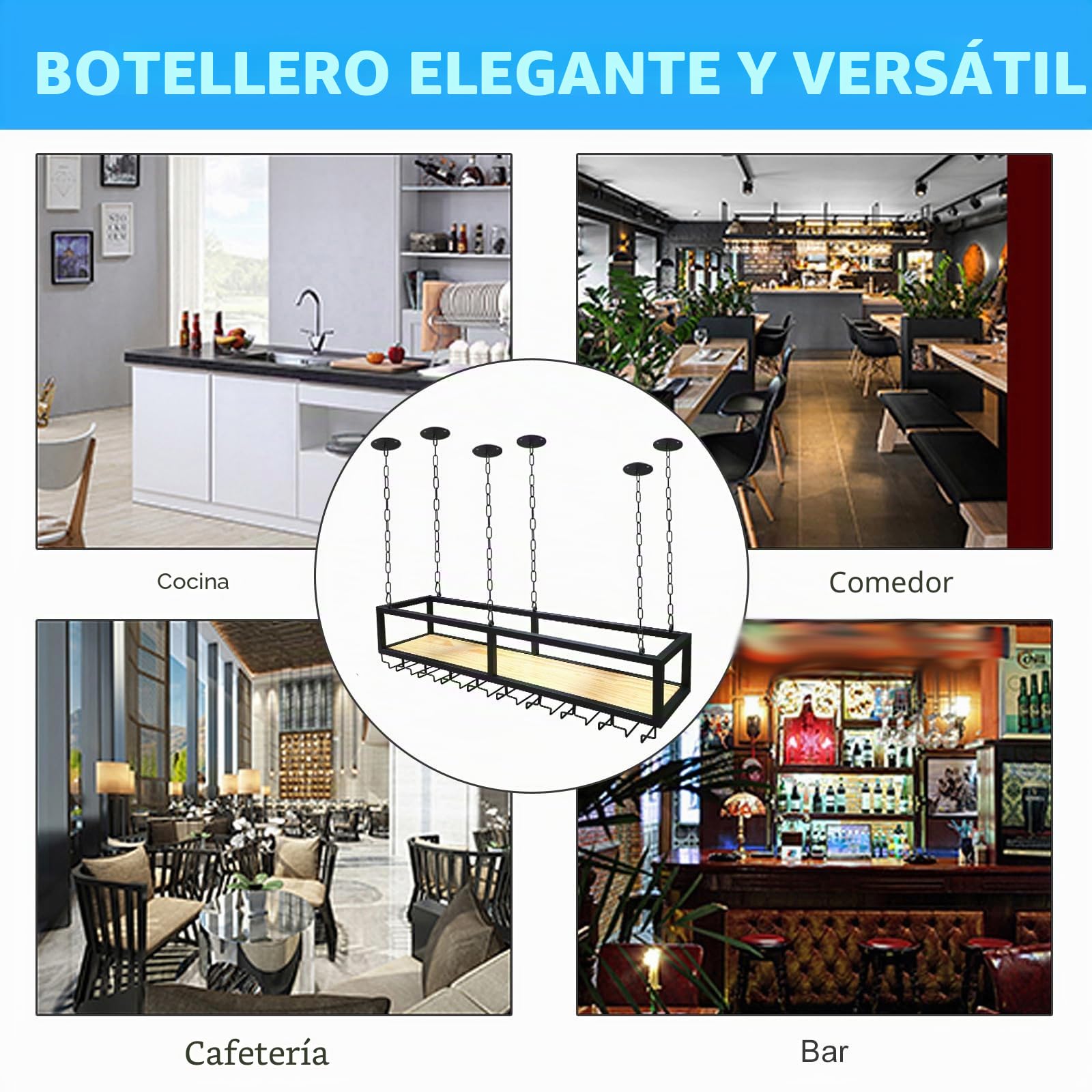 Botellero Soporte para Copa de Vino Colgante, Botellero de Vino Industrial Colgante, Altura ajustable Techo Botellero, Estante de Almacenamiento de Vino para el Hogar Bar Comedor Cocina