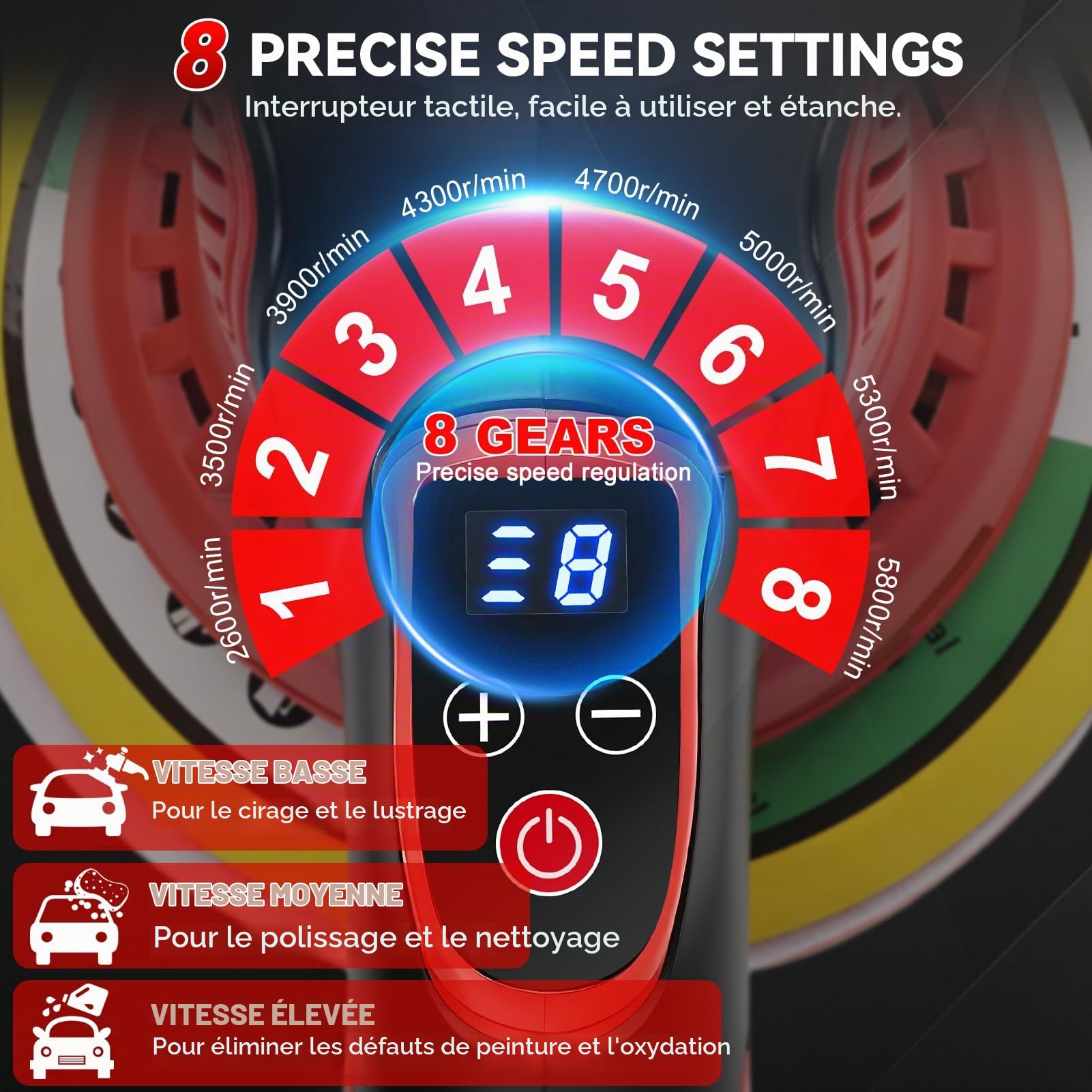 Polisseuse Voiture Sans Fil, 150 mm Lustreuse Polisseuse Voiture, 8 Vitesses Variable Polisseuse Orbitale avec 2x21V 1500mAh Batteries, 5800 tr/min pour Entretien, Cirage, Polissage, Enlever Rayures