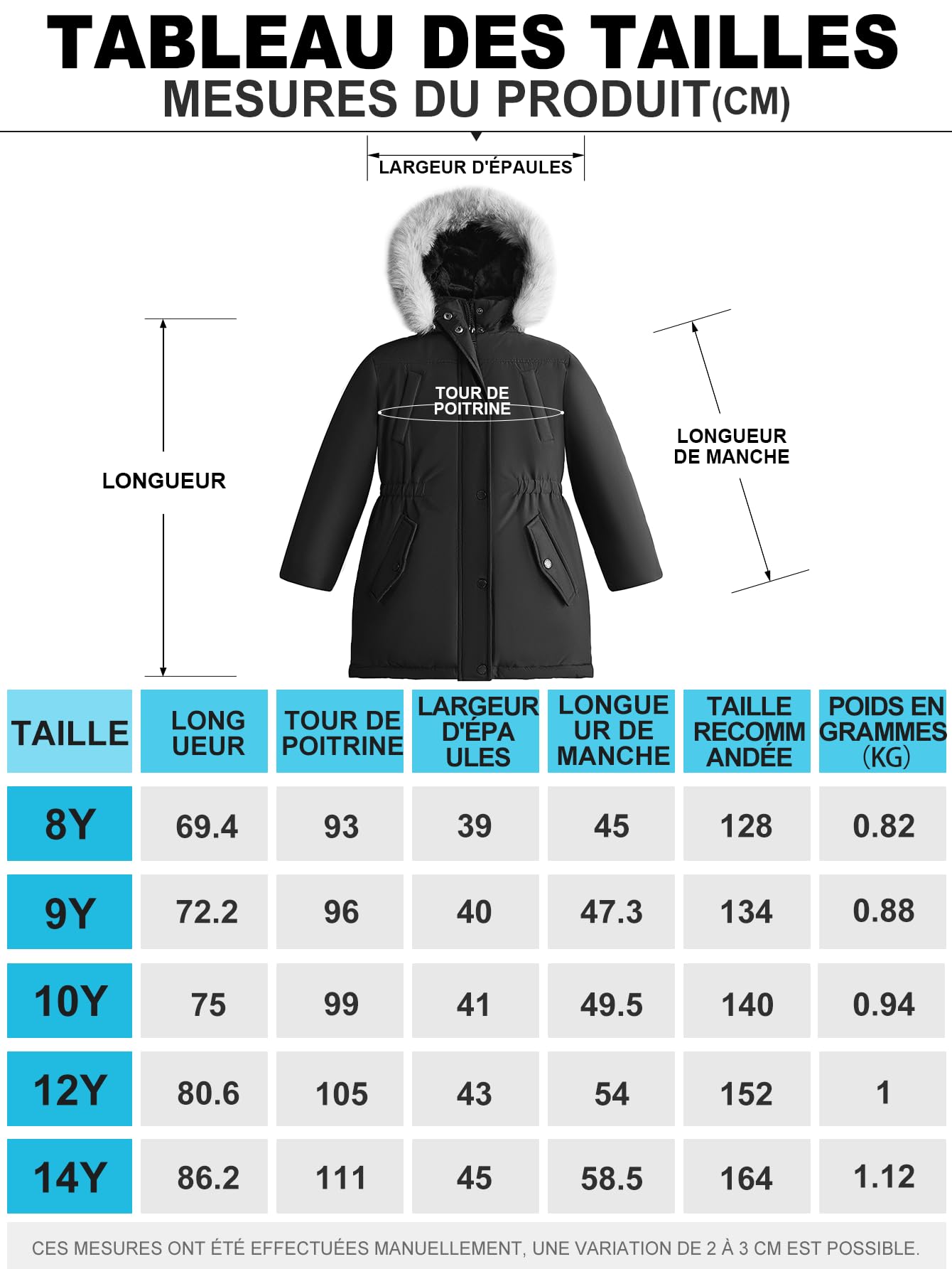 SOLOCOTE Manteau hiver pour filles imperméable veste de ski épaisse à capuche en duvet synthétique long parka pour enfants
