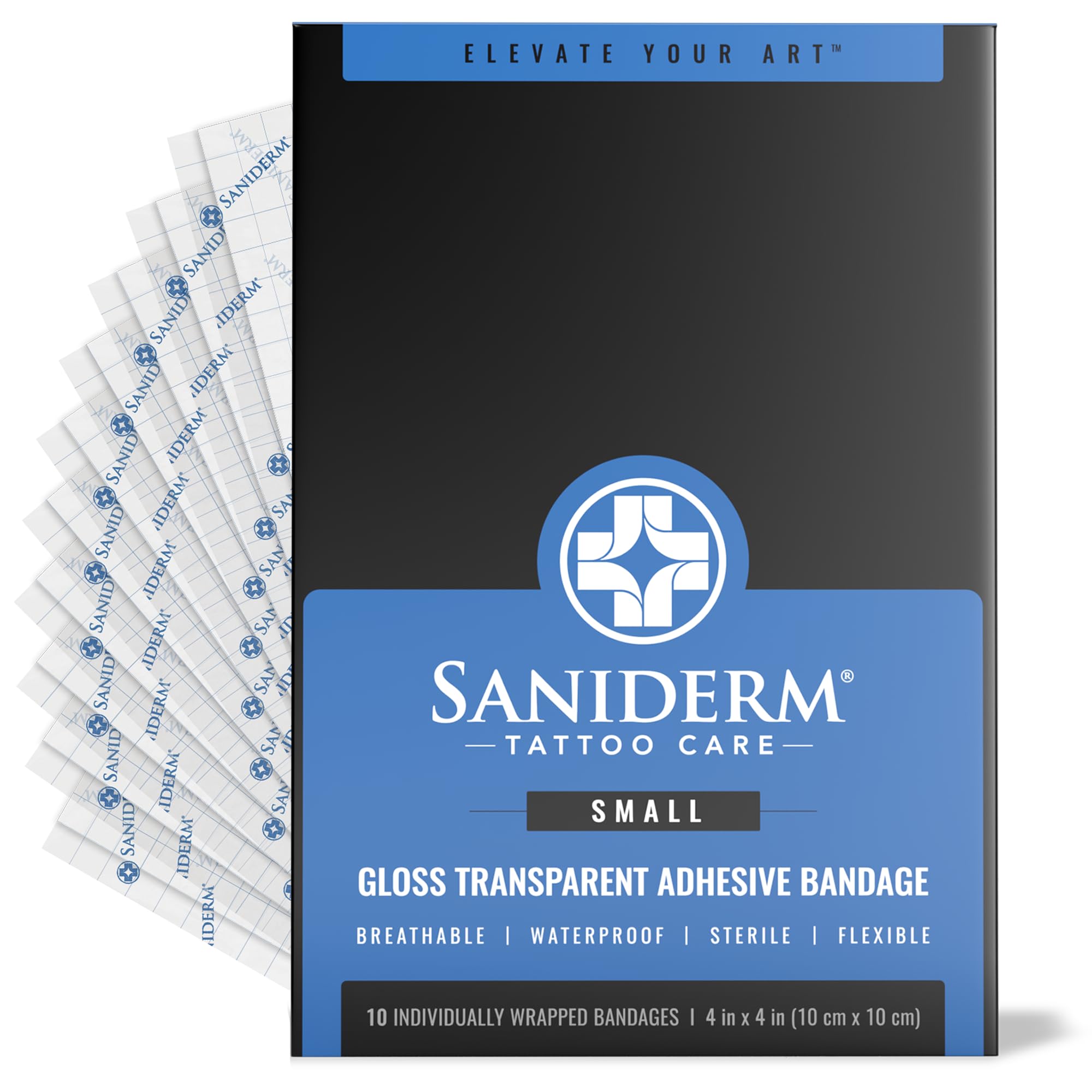 Saniderm Tattoo Aftercare Bandage 10 Sheets (Small Pack, 4 in x 4 in) – Convenient, Faster Tattoo Healing and Protection – Sterile, Waterproof, and Latex-Free