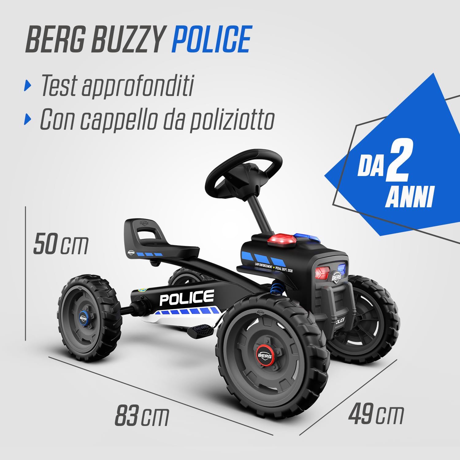 BERG Buzzy Go-Kart per bambini dai 2 anni in su, veicolo a pedale per bambini, stabile gokart per bambini con pneumatici silenziosi, sedile e volante regolabili (polizia)