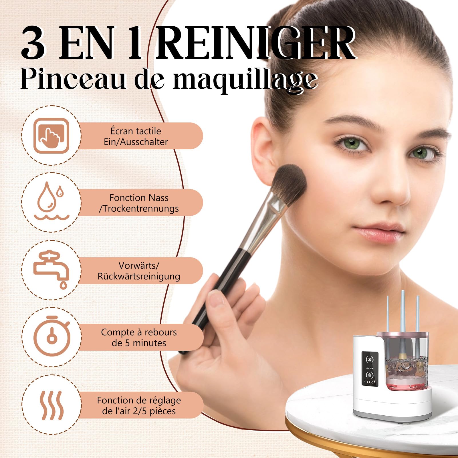 Nettoyeur électrique automatique 3 en 1 pour pinceaux à maquillage avec séchoir, machine à nettoyer à prise murale pour pinceaux à maquillage – incluant station de séchage et soin hygiénique