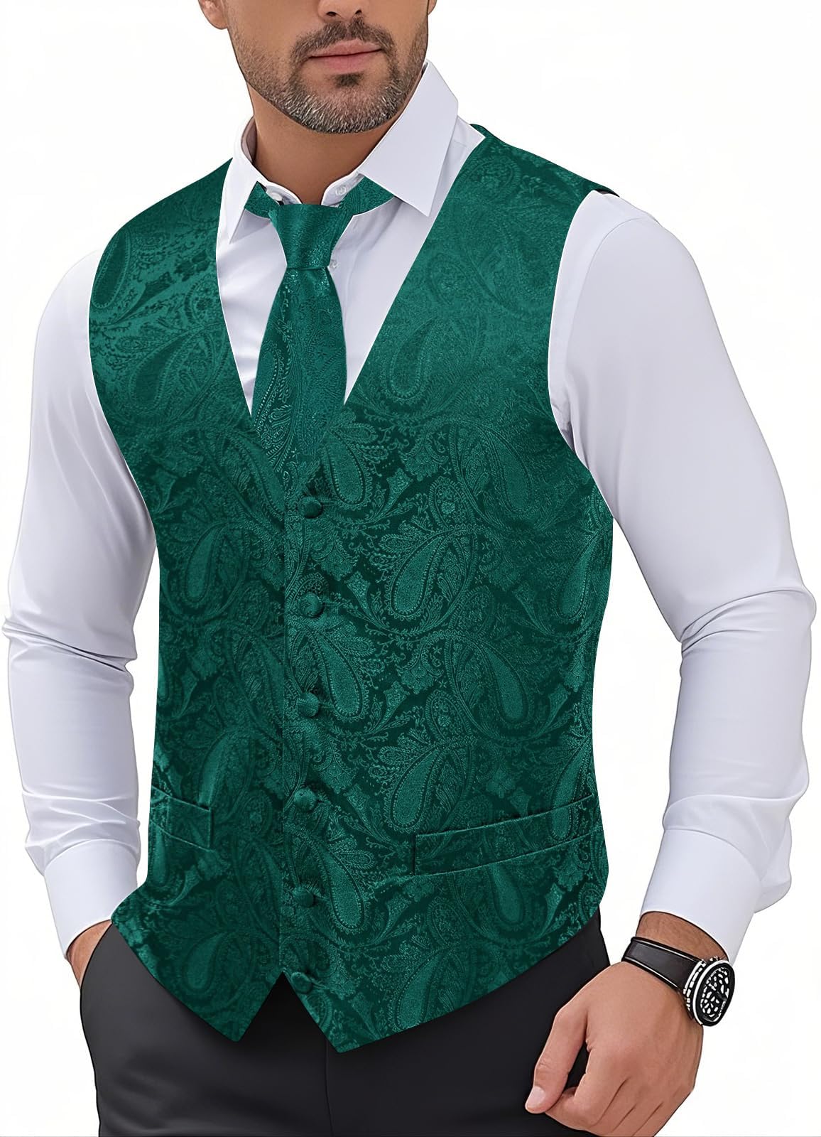 Hi-Tie Men's Suit Vest and Tie Set Formal Waistcoat V-Neck Paisley Vest and Tie Pocket Square Cufflinks Set for Wedding
