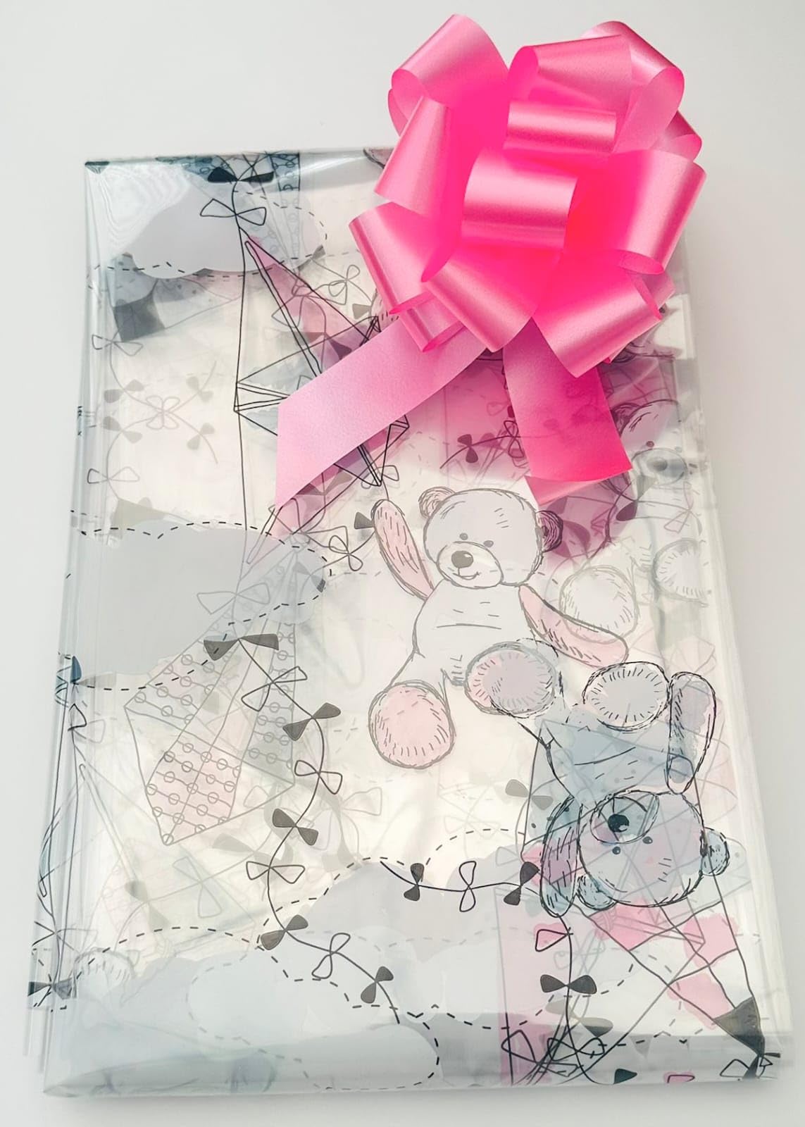 ShredAstic® Baby Print Bears flying Kite Florist Cellophane wrap with 30mm Pull Bow (3 Metres, Classic Pink)