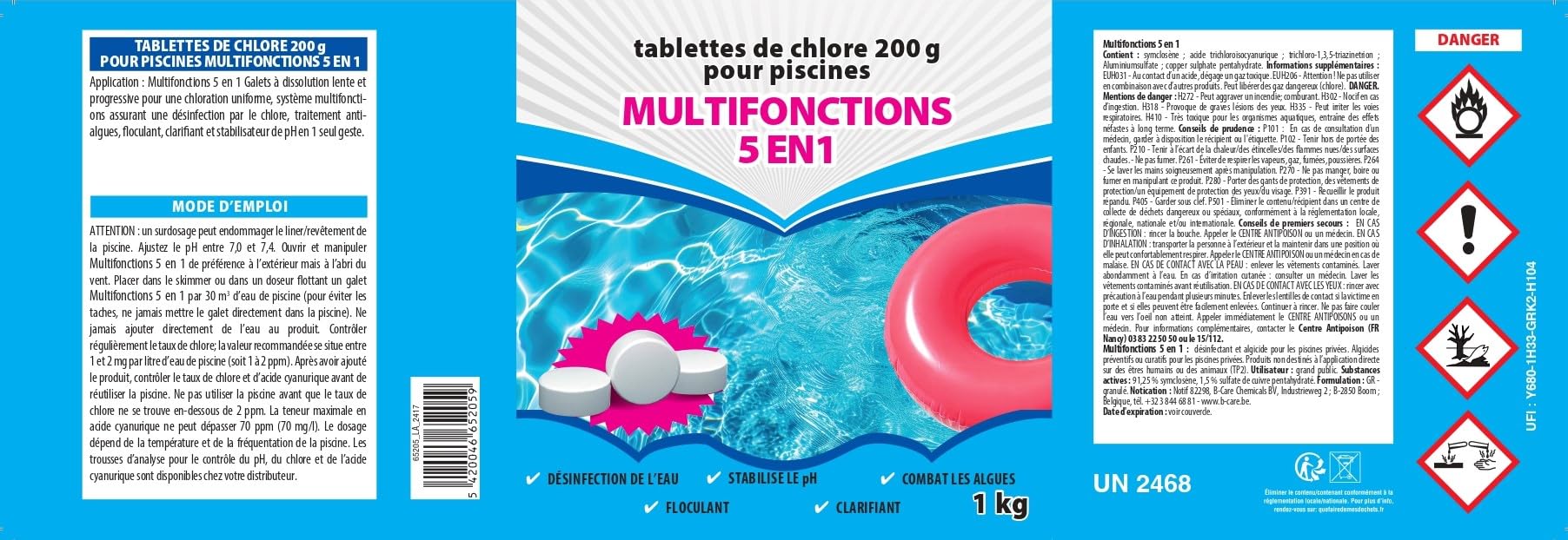 BSI - Chlore Multifonctions - 5 en 1 - Action Longue Durée - Dissolution Lente - Désinfectant, Anti-Algues, Floculant, Clarifiant et Stabilisateur pH - Idéal pour Piscine Et Spa - Galets 200g - 1Kg