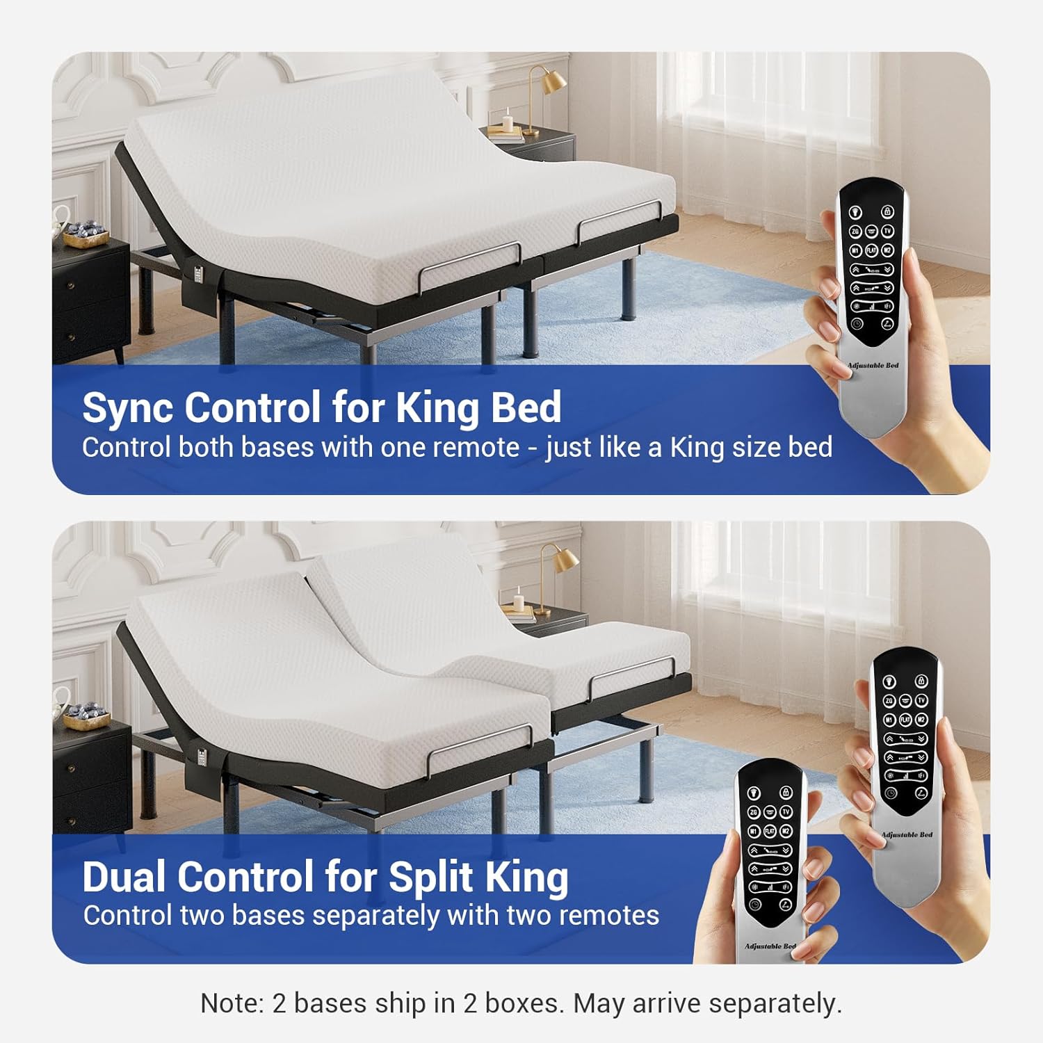 Diagram showing Sync Control for King Bed with one remote and Dual Control for Split King with two remotes.