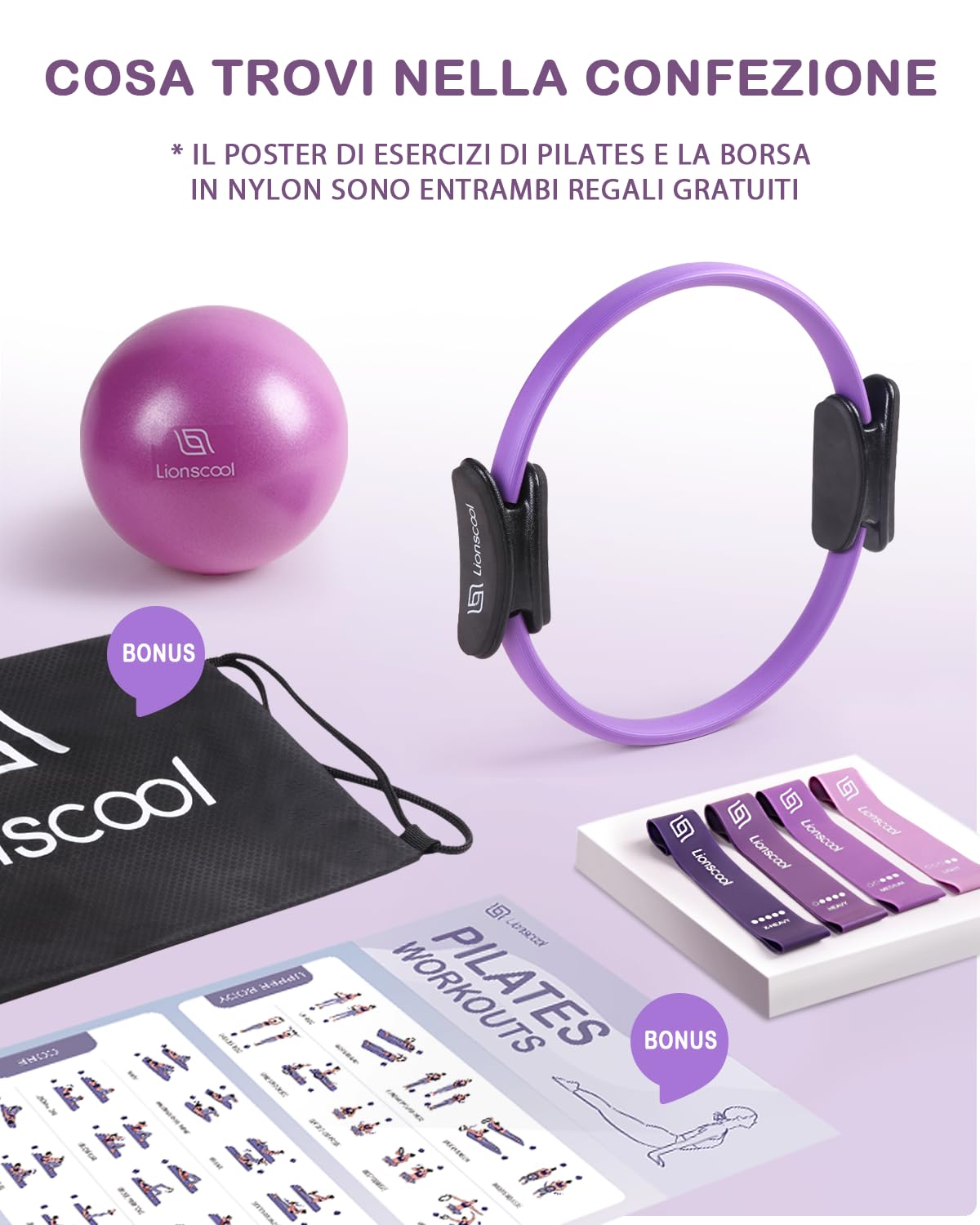 Set LIONSCOOL Pilates Ring – Magic Circle da 35.56 CM Anti-Deformazione con Manici Imbottiti, Mini Palla, Fasce di Resistenza, Guida e Borsa