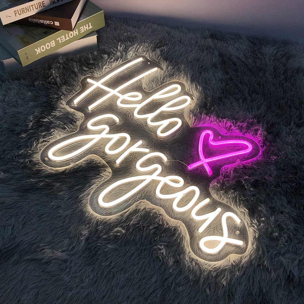 Large LED Neon Signs for Hello Gorgeous, 19.7 inches Wedding Light Neon Signs for Bedroom, Birthday Party, Home,Bar, LED Neon light Sign for Home Wall Christmas Decor Art Gift((Warm White,19.7x14.1)