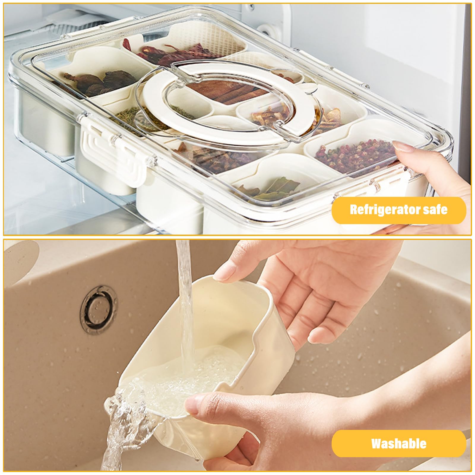 Plato para servir refrigerios, plato para refrigerios con 8 compartimentos, caja de almacenamiento para refrigerios con tapa y asa, bandeja organizadora para dulces, postres de galletas vegetales — view 4