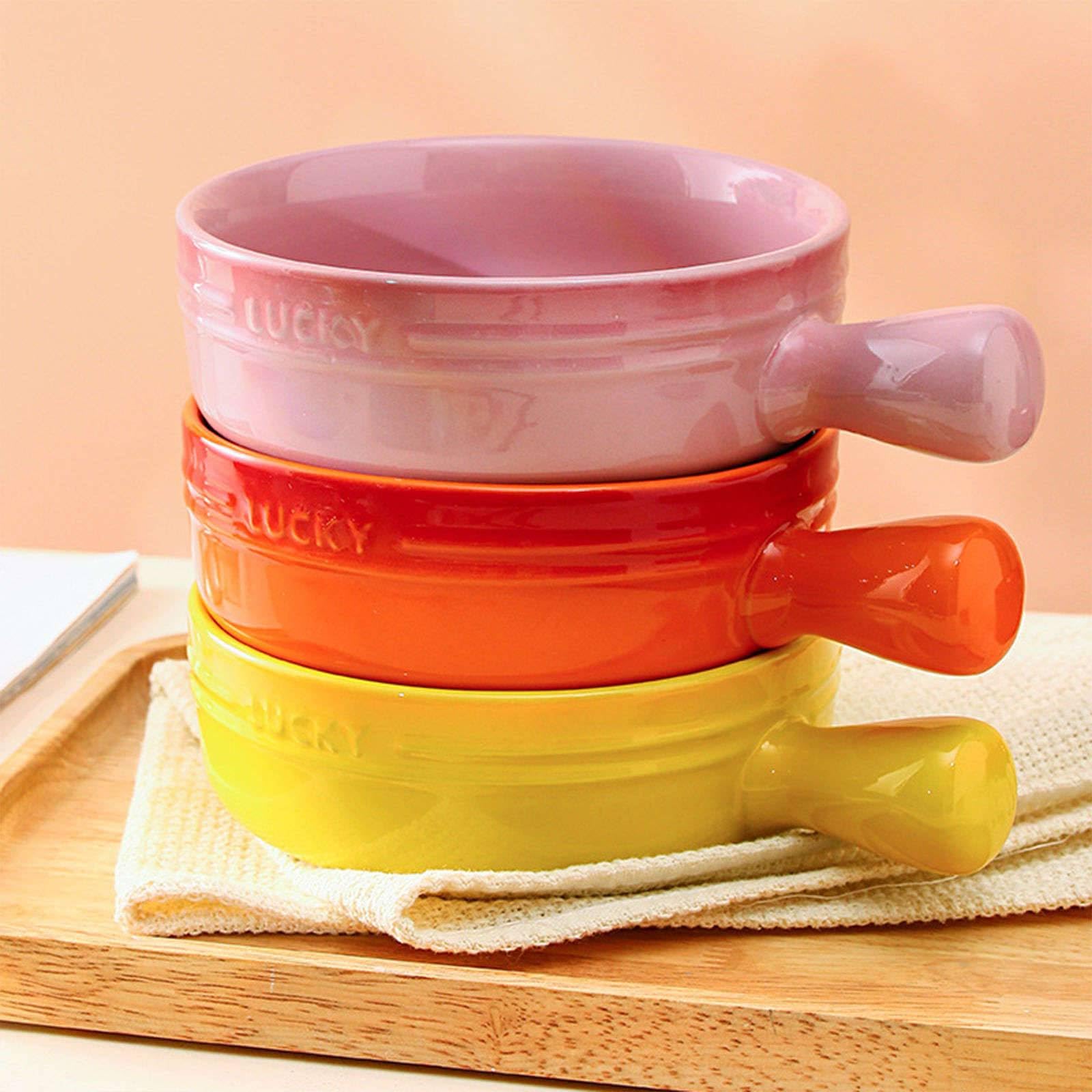 Bol à nouilles en céramique, Bol de nouilles instantanées en céramique, soupe avec poignée, Ramen simple for 1 personne, petit Pho, plat cuisson rond(Pink)