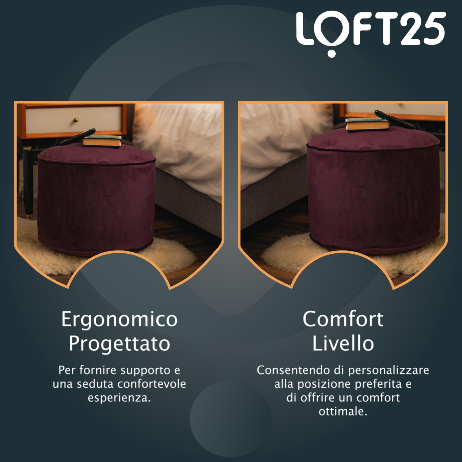 Loft 25 Pouf Velluto Rotondo Premium Poggiapiedi a Sacco 32x45cm, Soggiorno per Interni Pouffe con Riempimento, Design Ergonomico Pouff per il Poggiagambe, Confortevole Pouf Poggiapiedi (Melanzana)