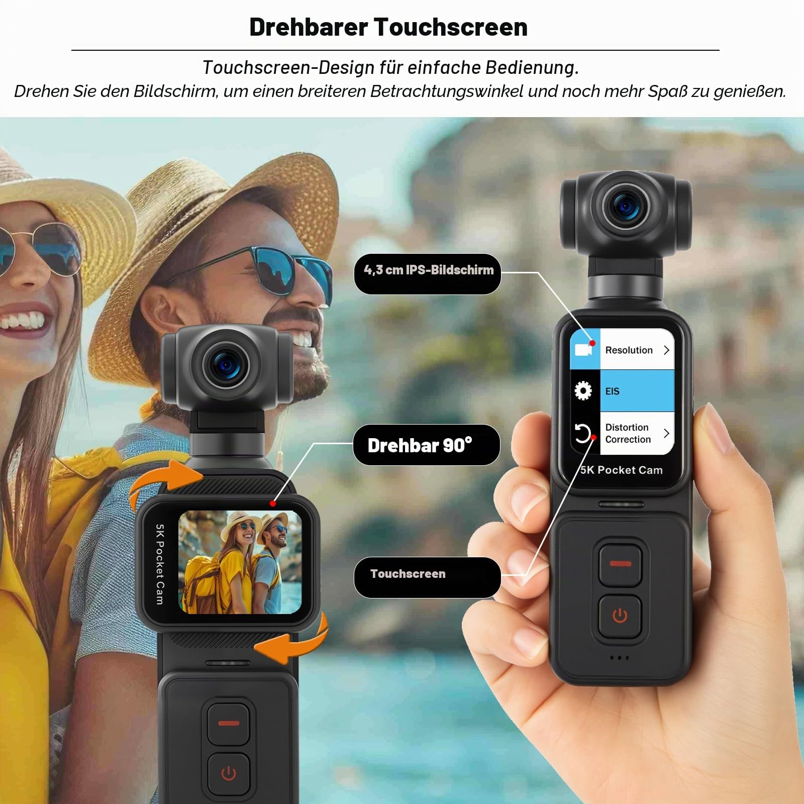 ydi 5K Bodycam Vlog Kamera mit Touchscreen, Körperkamera POV WLAN Pocket Action Cam mit Elektrisch 270° Drehbarem Objektiv, Gesichtsverfolgung, Fernbedienung, Externes Mikrofon, 64 GB Karte