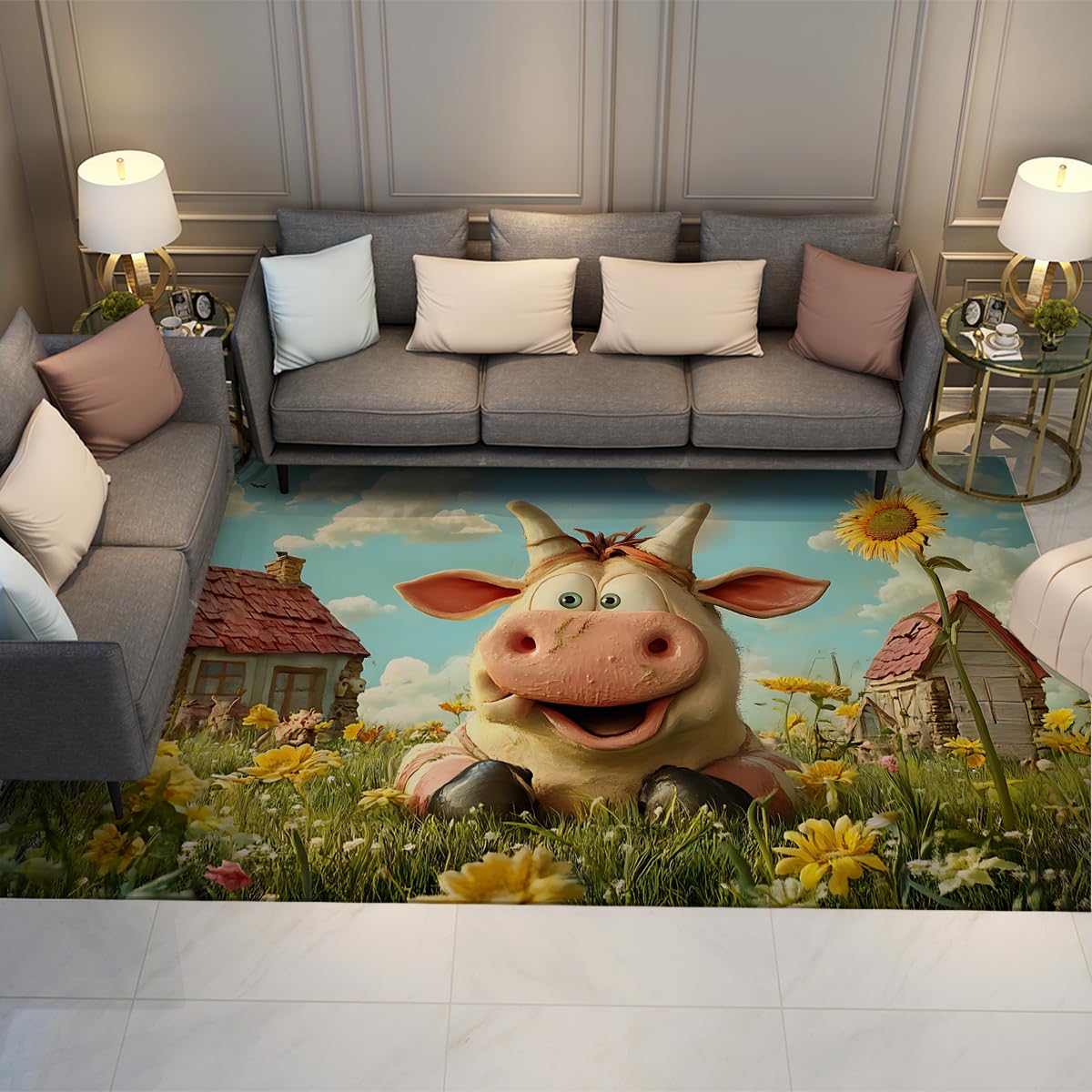 Tapis la zone vache grand format 150x240 motif animal de la ferme pour enfant