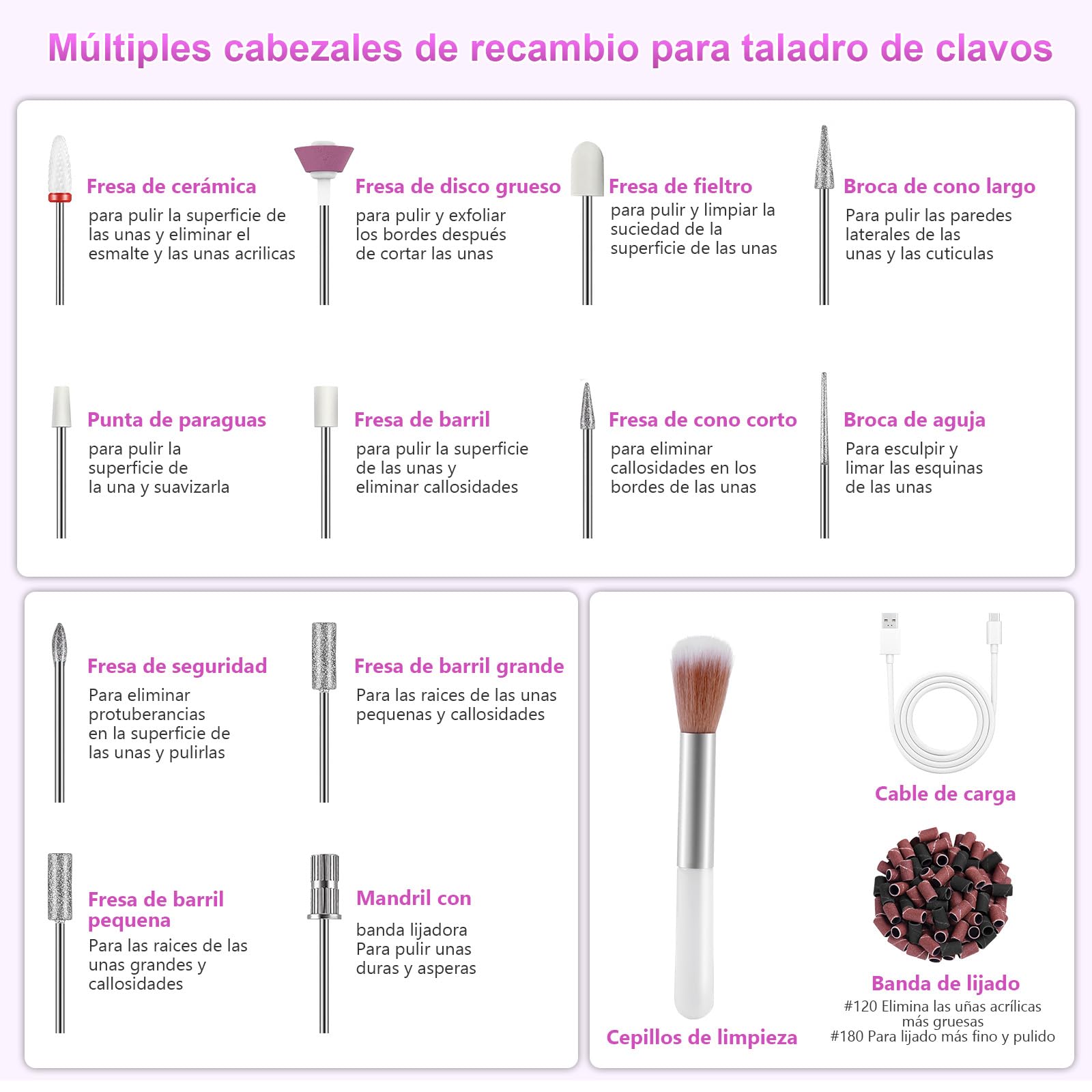 POFIBO Torno para Uñas Profesional - Lima Eléctrica uñas 35000RPM - 12 en 1 Torno para Uñas USB con Brocas de Cerámica - Manicura y Pedicura Eléctrico Profesional para Salón