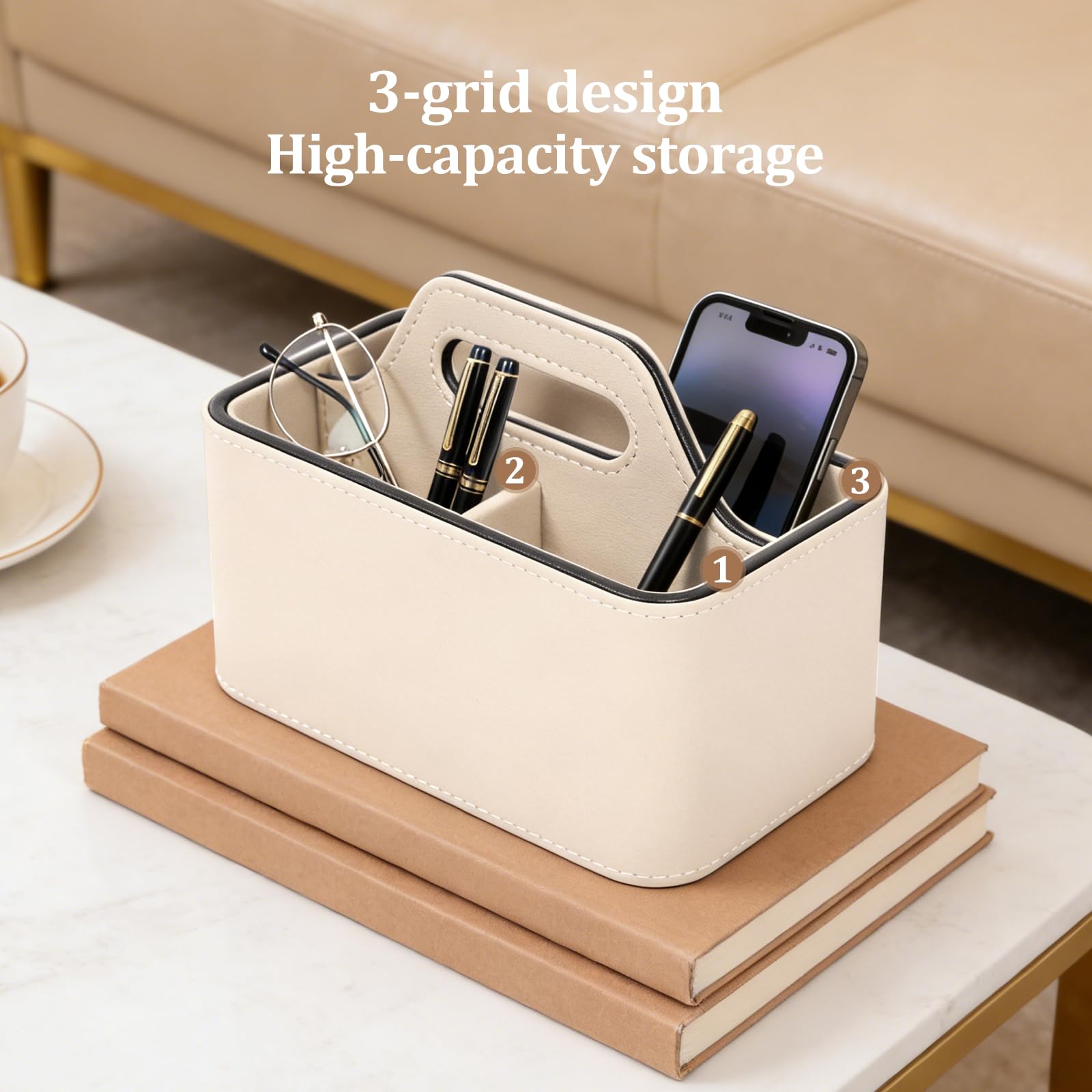 Organizador de mesita de noche con asa, 3 compartimentos de piel sintética, soporte para mando a distancia, organizador de brochas de maquillaje portátil para oficina, escuela, hogar, mesita de
