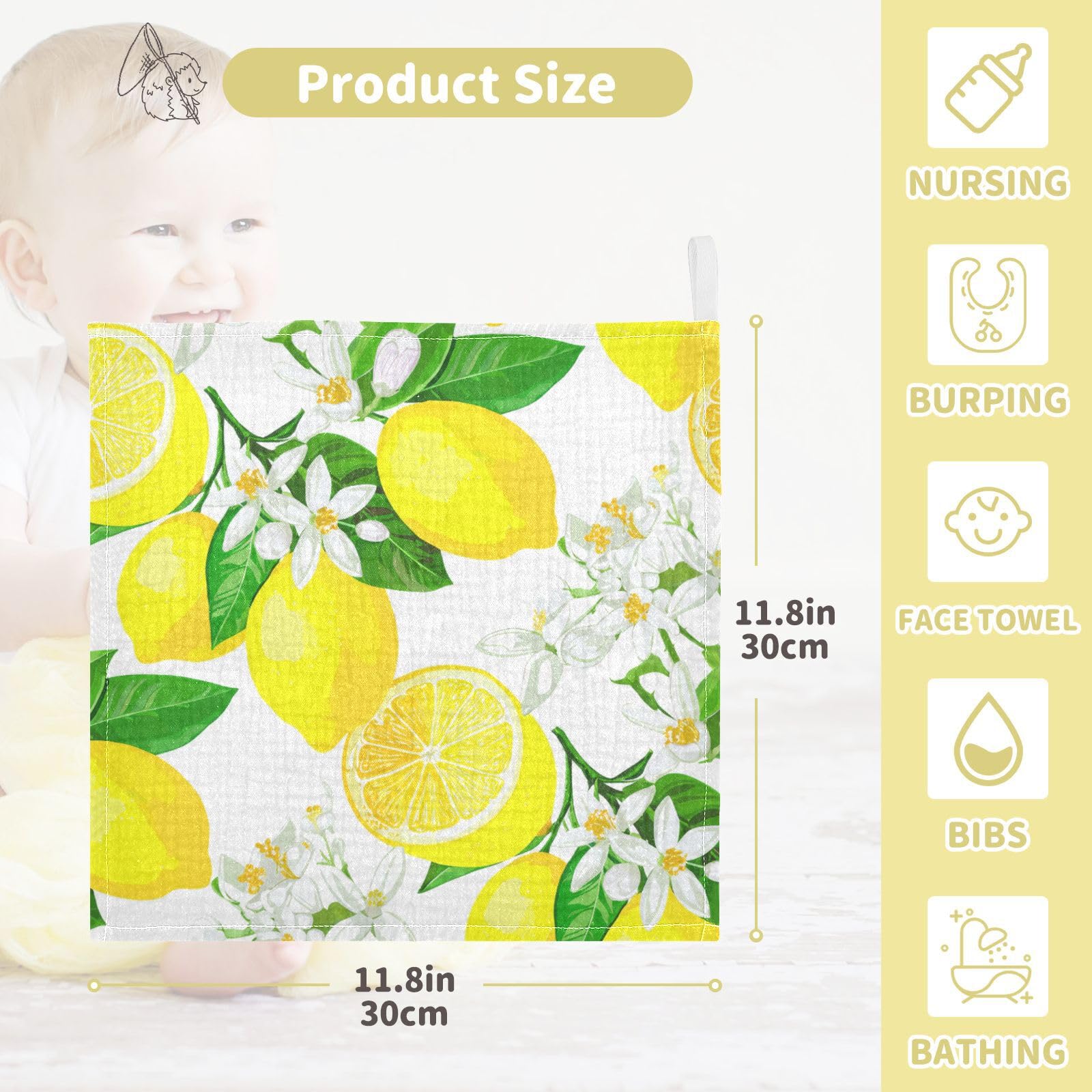 Kigai Yellow Lemons Baby Washcloths,5pcs Ultra Soft Absorbent Towel,Newborn Bath Face Towel, Natural Reusable Baby Wipes for Sensitive Skin, Baby Registry as Shower