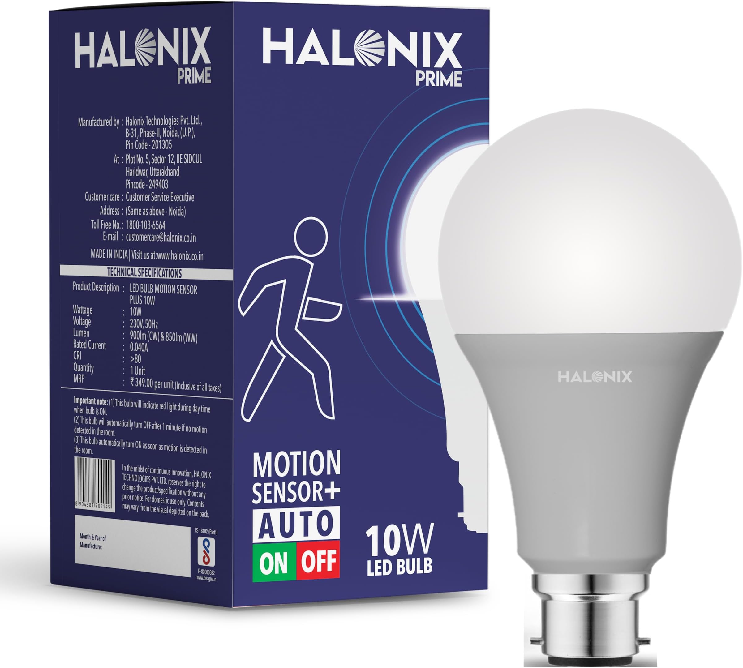 Halonix 10W Motion Sensor Led bulb | Color-6500K White | Auto on- Auto Off light | Motion sensor light | Pack of 1 | b22d