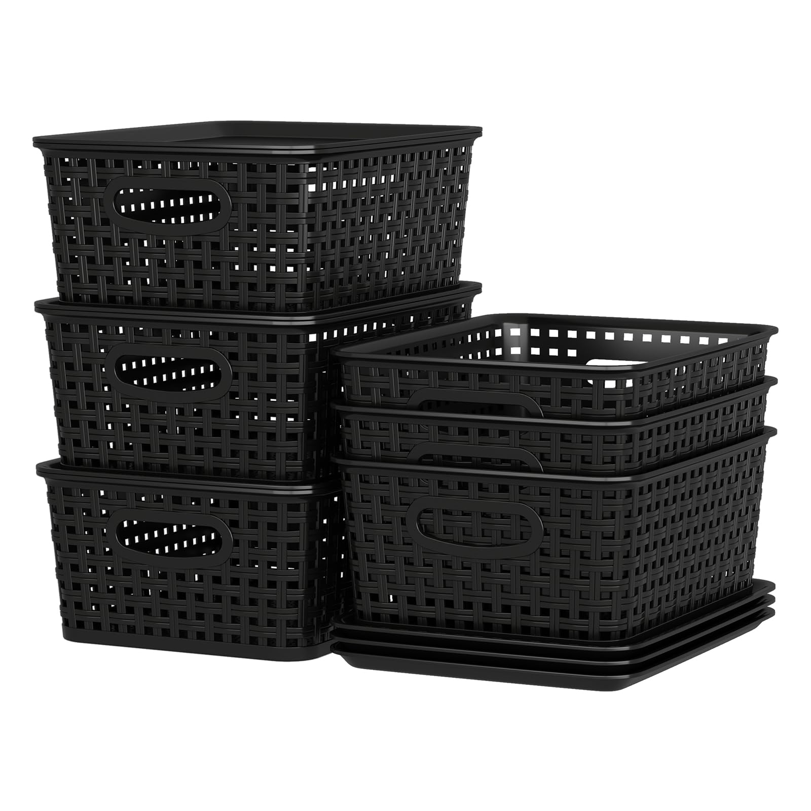 Julyeen Set of 6 Plastic Storage Baskets with Lids, Office Weave Organizer Basket Box, Black