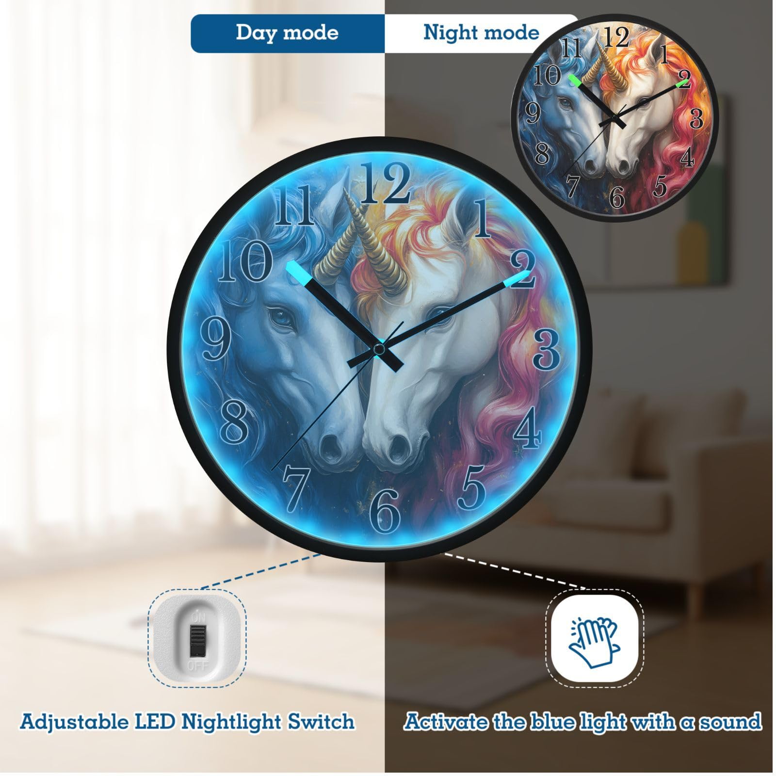 Mnsruu Divertido reloj de pared con diseño de unicornio azul y caballo blanco, luminoso, funciona con pilas, silencioso, brilla en la oscuridad, para sala de estar, cocina, 12 pulgadas