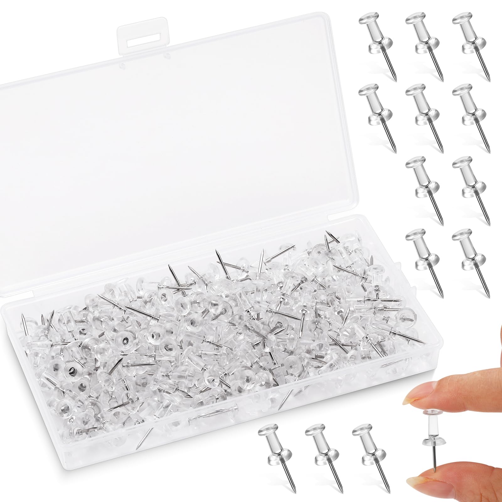 200 PCS Clear Push Pins with Storage Box, Heavy Duty Thumb Tacks for Cork Notice Boards, Bulletin Boards & Walls, Drawing Pins for Maps, Posters & Crafts (Transparent)