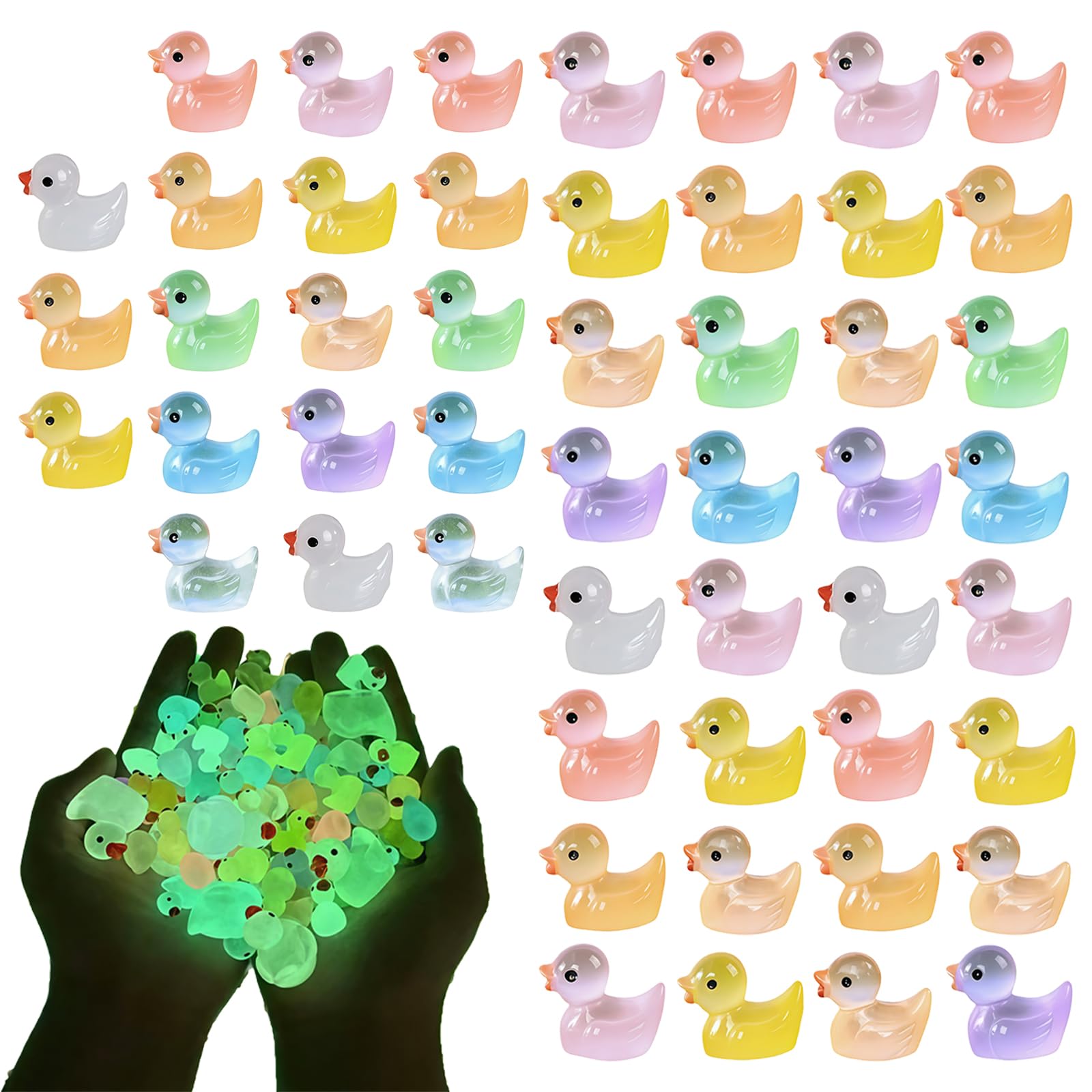 Reochps Mini Duck 50pcs Pack Glow in The Dark Cute Light Up Tiny Duck Resin Duck Figures Small Animal Figures Luminous Mixed Color Miniature for Aquarium Fairy Garden Dollhouse Landscape