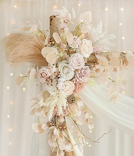 Miniatura 3 de Flores artificiales para arco de boda, juego de 3, 2 guirnaldas de flores de boda con tela drapeada, guirnalda de boda para telón de fondo de