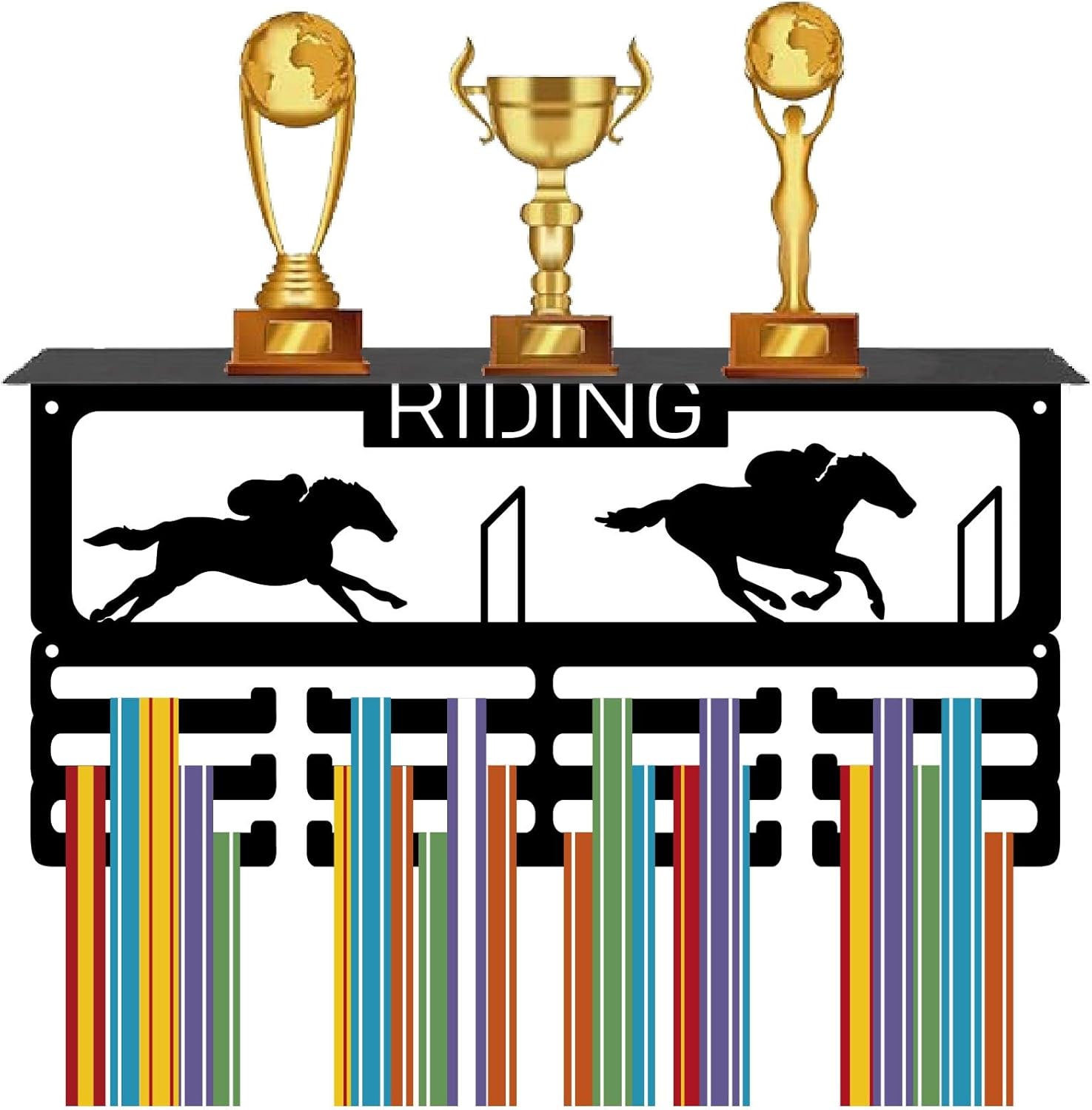 CREATCABIN Riding Medal Holder Trophy Shelf Display with 12 Hooks Equestrian Horsemanship Horse Jumping Medal Hanger for Wall Mount Stand Hold 60+ Medals Rack with Shelf for Awards Sports 15.7x8x4Inch