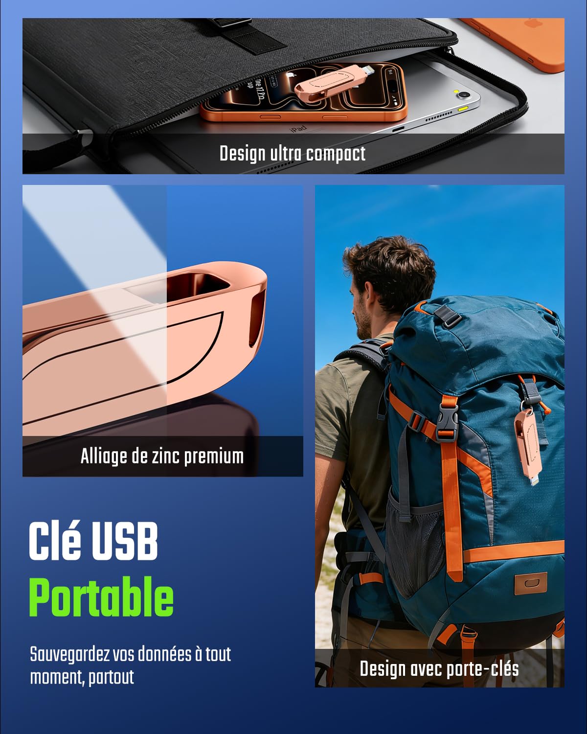 [sans App] MFi Cle USB 512 Go pour iPhone,Clé USB C,Lightning,USB 3.0,Rose | 3 en1 Clef USB pour iPhone,iPad,Android OTG Smartphone,Mac,PC, Stockage Externe Flash Drive Transfert Photos,Vidéos,Données,