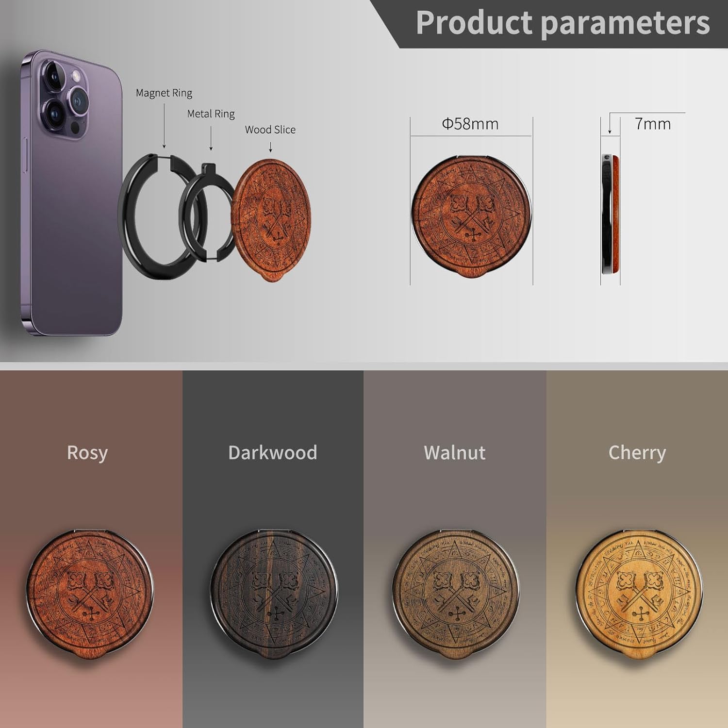 Carveit Solid Wood Design Adjustable Magnetic Phone Kickstand for MagSafe Accessories Ring Holder Stand Metal Grip Hook Compatible with iPhone 14/13/12/15/16 Pro Max (A Heraldic Enigma - Redwood)
