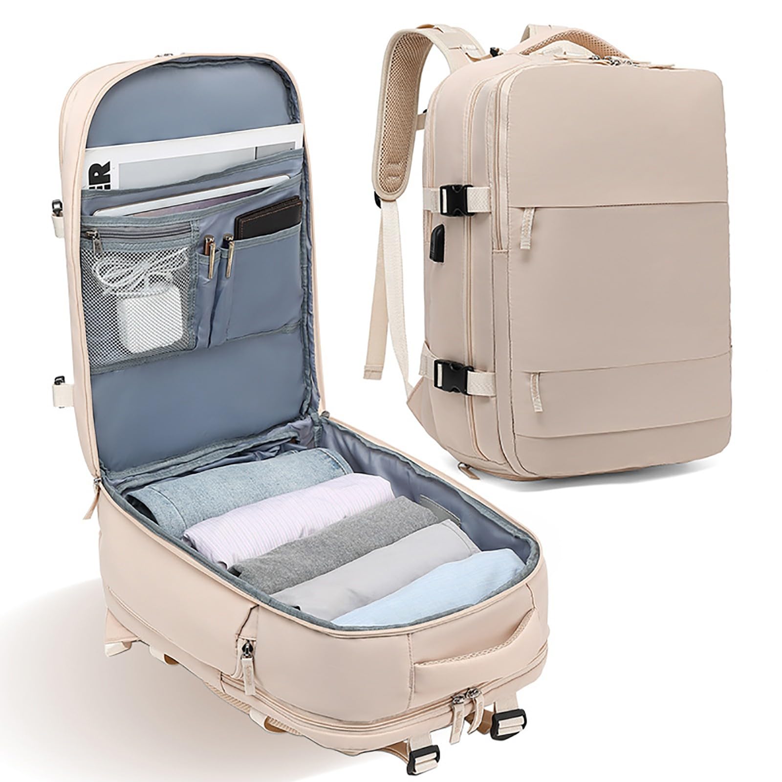 Sac à dos femme ROMOZ beige : ordinateur, voyage, cabine avion, cours et affaires de sport